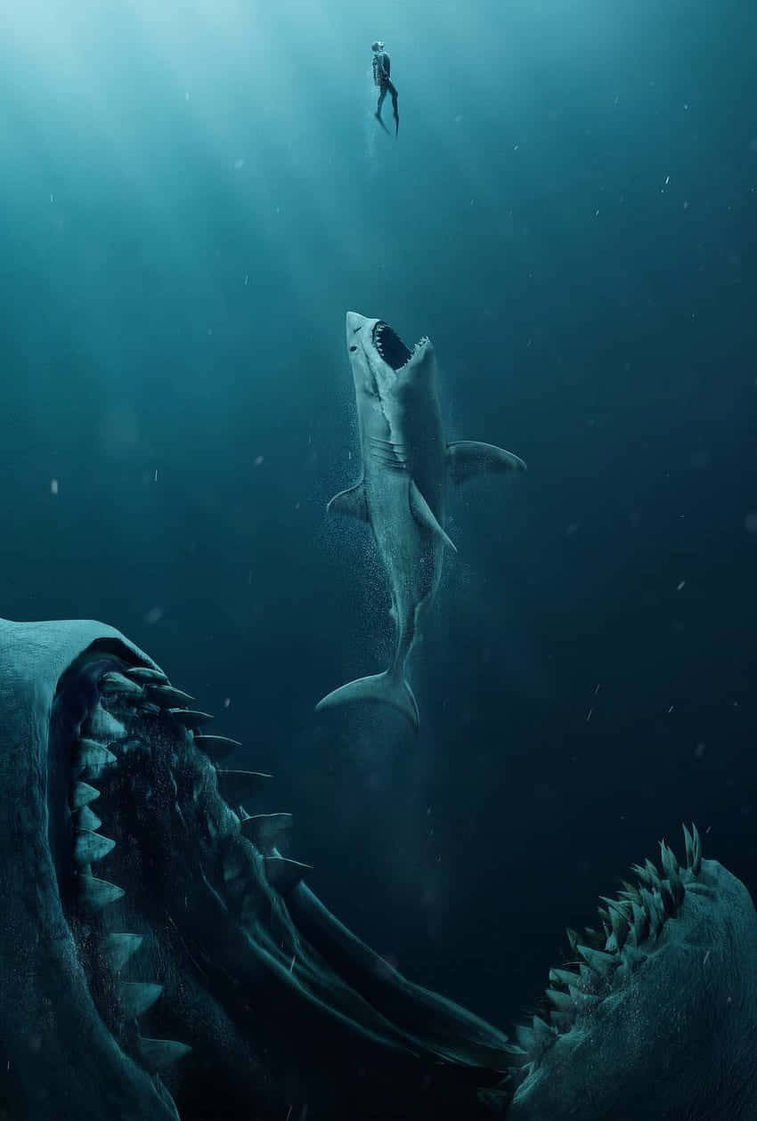 恐怖動圖 桌布 壁紙 — 一個孤獨的潛水員漂浮在一條巨大的鯊魚上方，而一個巨大的、長滿牙齒的海怪在深藍色的水中潛伏在下方。