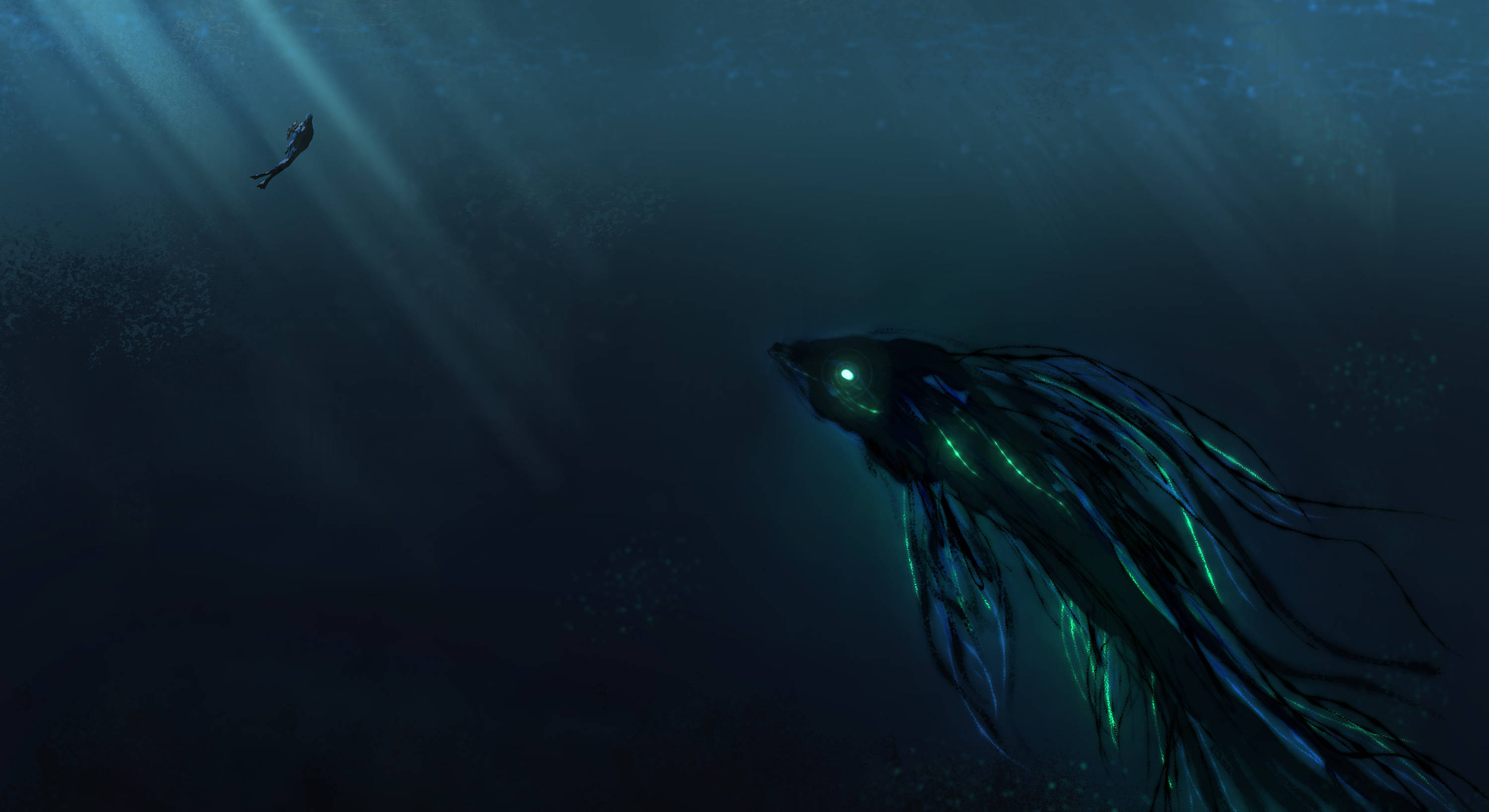 diving 桌布 壁紙 — 一個孤獨的潛水員漂浮在深海黑暗中，一條帶有生物發光鰭的巨大發光魚在附近游動。