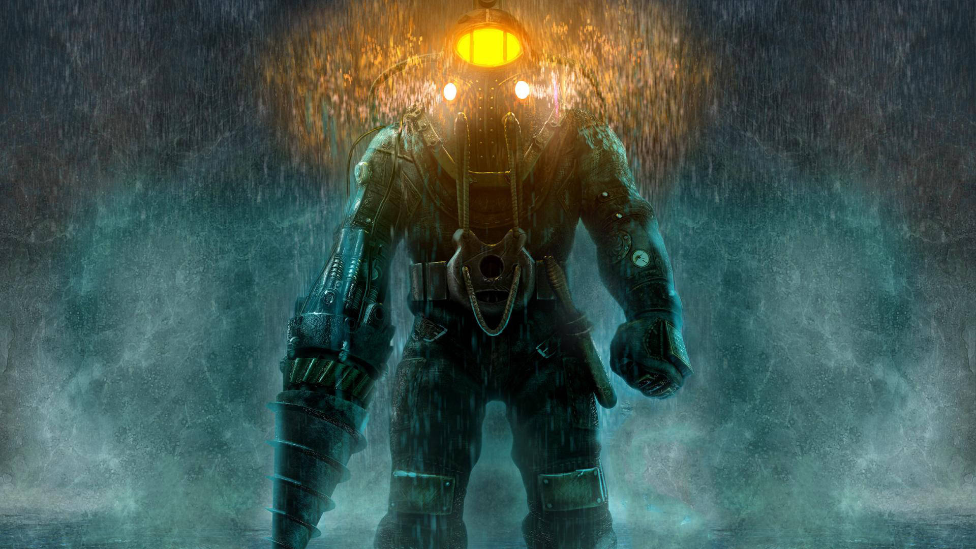 Bioshock Infinite Desktop 桌布 壁紙 — 一個孤獨的潛水員穿著重型潛水衣站在雨中，頭盔燈發出溫暖的光束穿過迷霧般的陰暗。