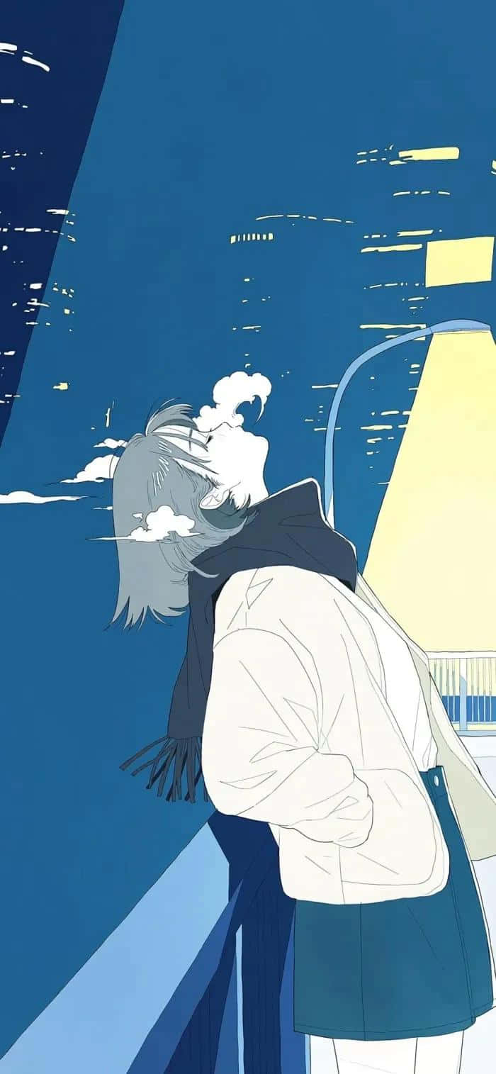 Blue Period 桌布 壁紙 — 一個孤獨的灰色頭髮動漫女孩在溫暖黃色街燈照亮的深藍色夜景城市中呼出霧氣。