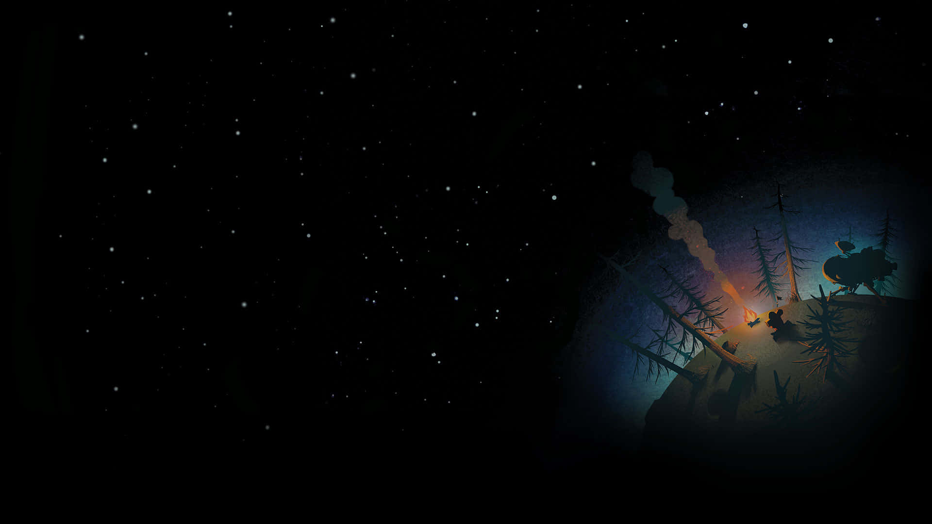 營火在星空下的夜晚森林中照亮，可見衛星天線。 — 外太空 GIF 壁紙