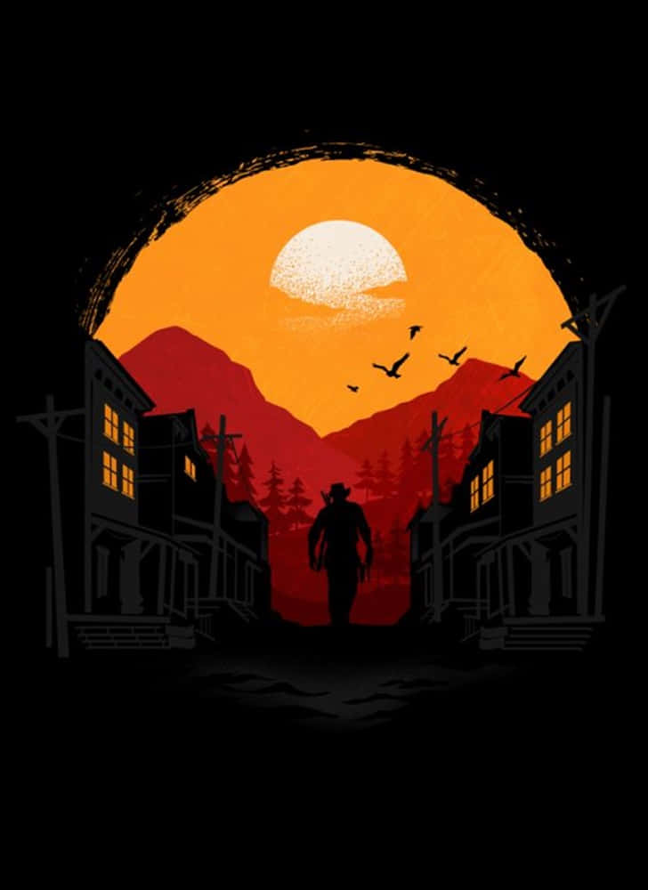 電玩遊戲 桌布 壁紙 — 一個孤獨的牛仔剪影，在火紅的夕陽和紅色山脈映襯下的黑暗街道上行走。