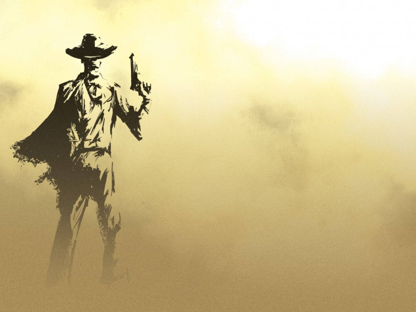 Cowboy 桌布 壁紙 — 一個孤獨的牛仔剪影站在金色塵埃中，手持手槍，背景是朦朧的陽光天空。