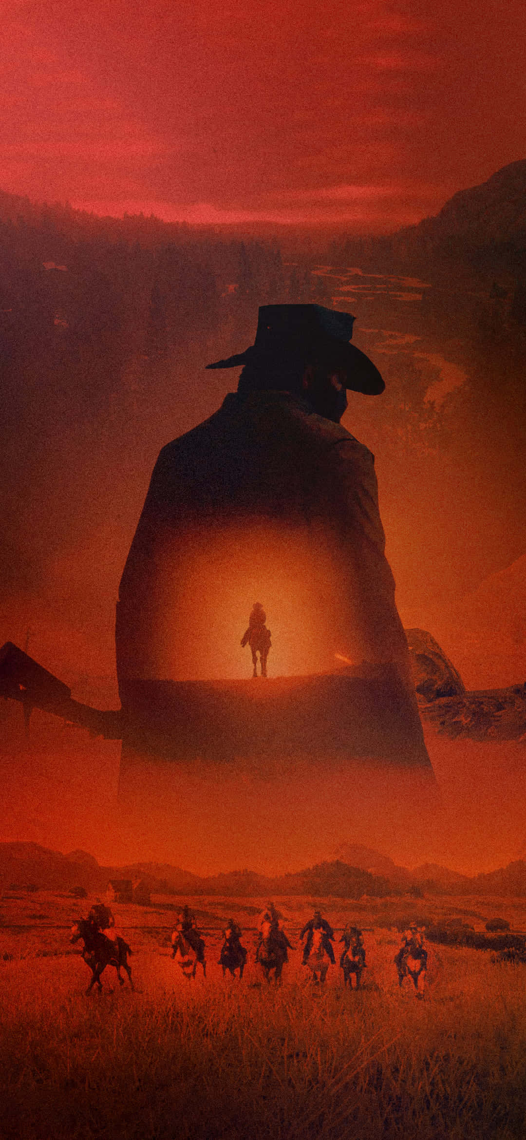 arthur morgan 桌布 壁紙 — 一個孤獨的牛仔剪影聳立在紅色沙漠之上，一排騎手在火紅的天空下奔馳而過。