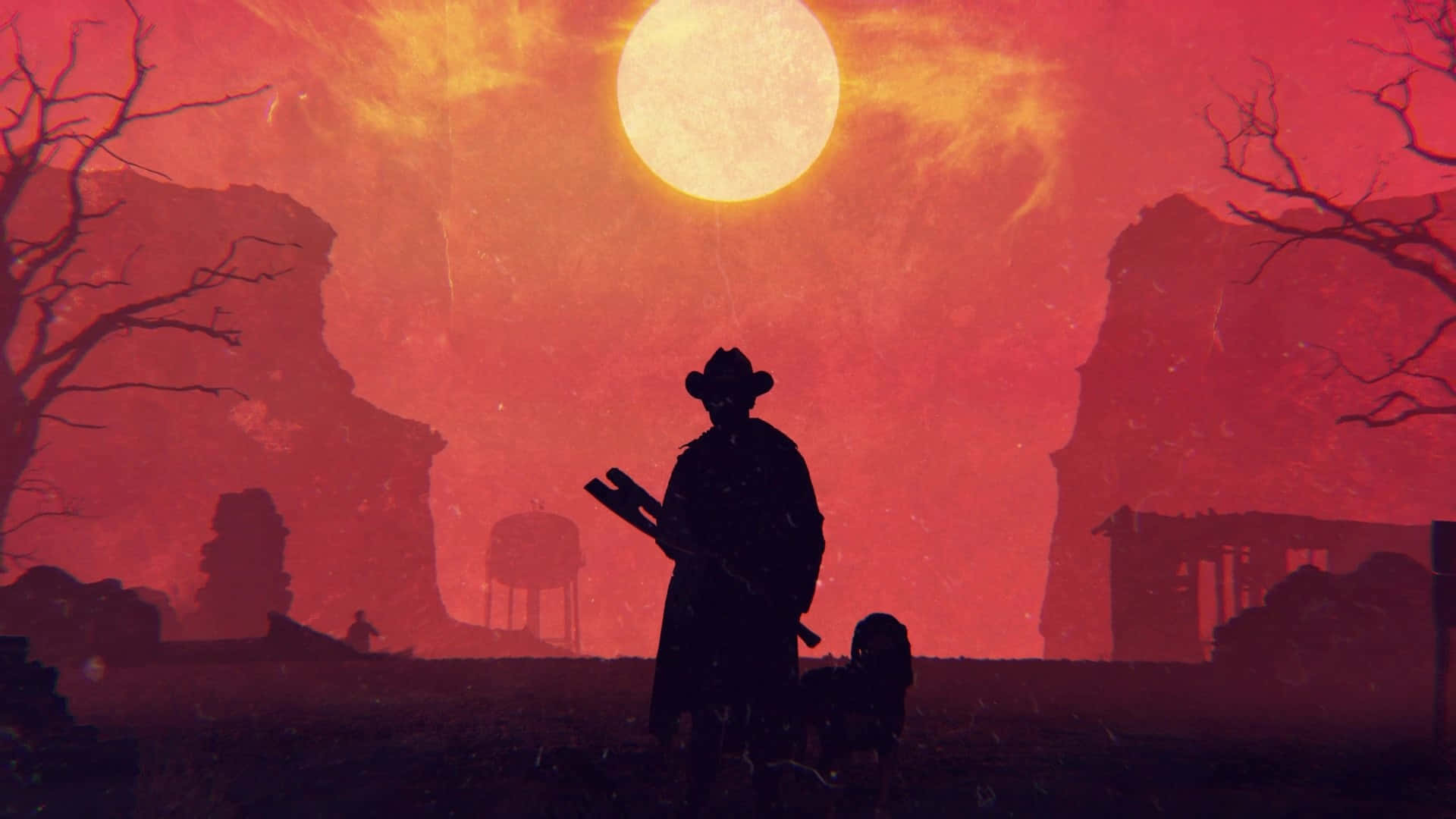 Red Dead Redemption 4K 桌布 壁紙 — 一個孤獨的牛仔剪影與一隻狗站在一個巨大的橙色太陽下，身處荒涼的紅色荒地。