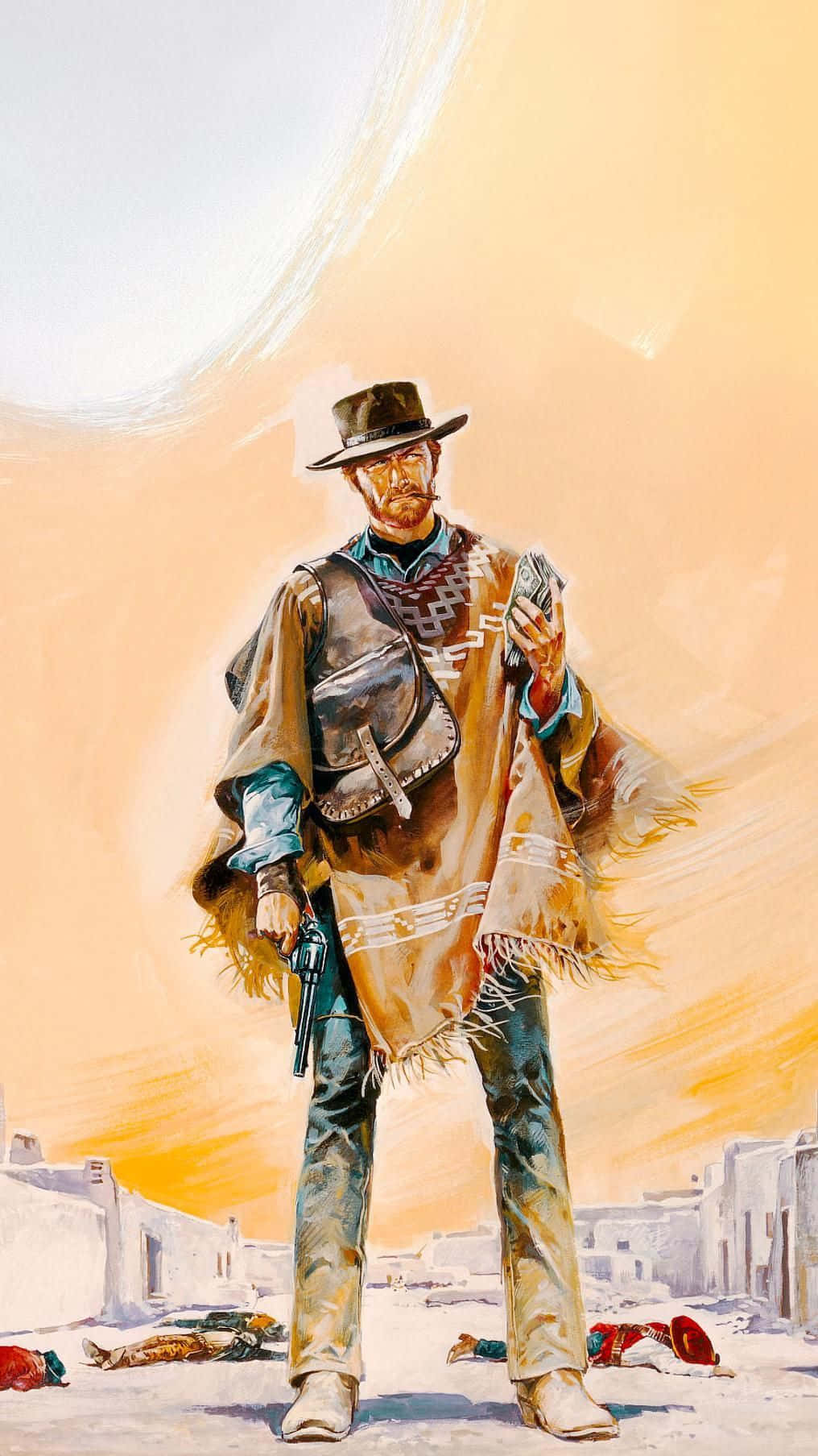 Cowboy 桌布 壁紙 — 一個孤獨的牛仔在塵土飛揚的西部小鎮上，手持槍和錢，腳下躺著屍體，背景是溫暖的日落天空。