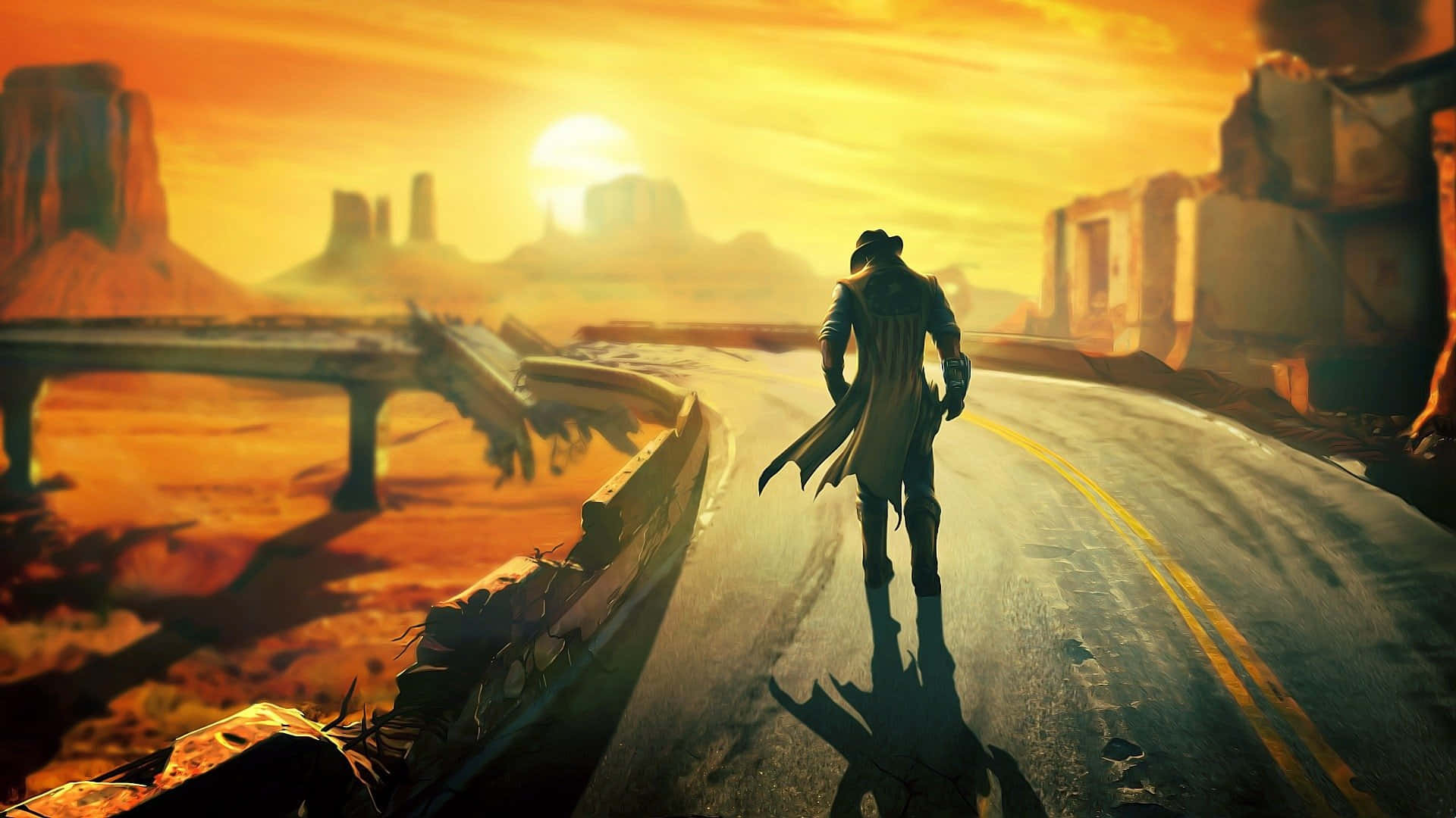 Fallout Nv 桌布 壁紙 — 一個孤獨的牛仔在裂開的沙漠公路上行走，背景是發光的日落、破損的橋樑和遠處的岩石 formations。