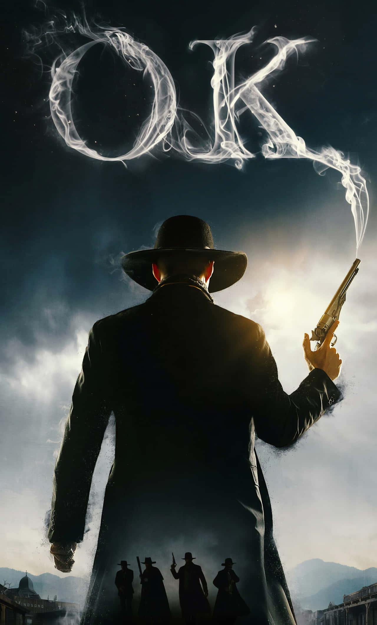 Cowboy 桌布 壁紙 — 一個孤獨的牛仔戴著寬邊帽，手持冒煙的左輪手槍，幽靈般的煙霧在他上方形成「OK」字樣，背景是暴風雨的天空。