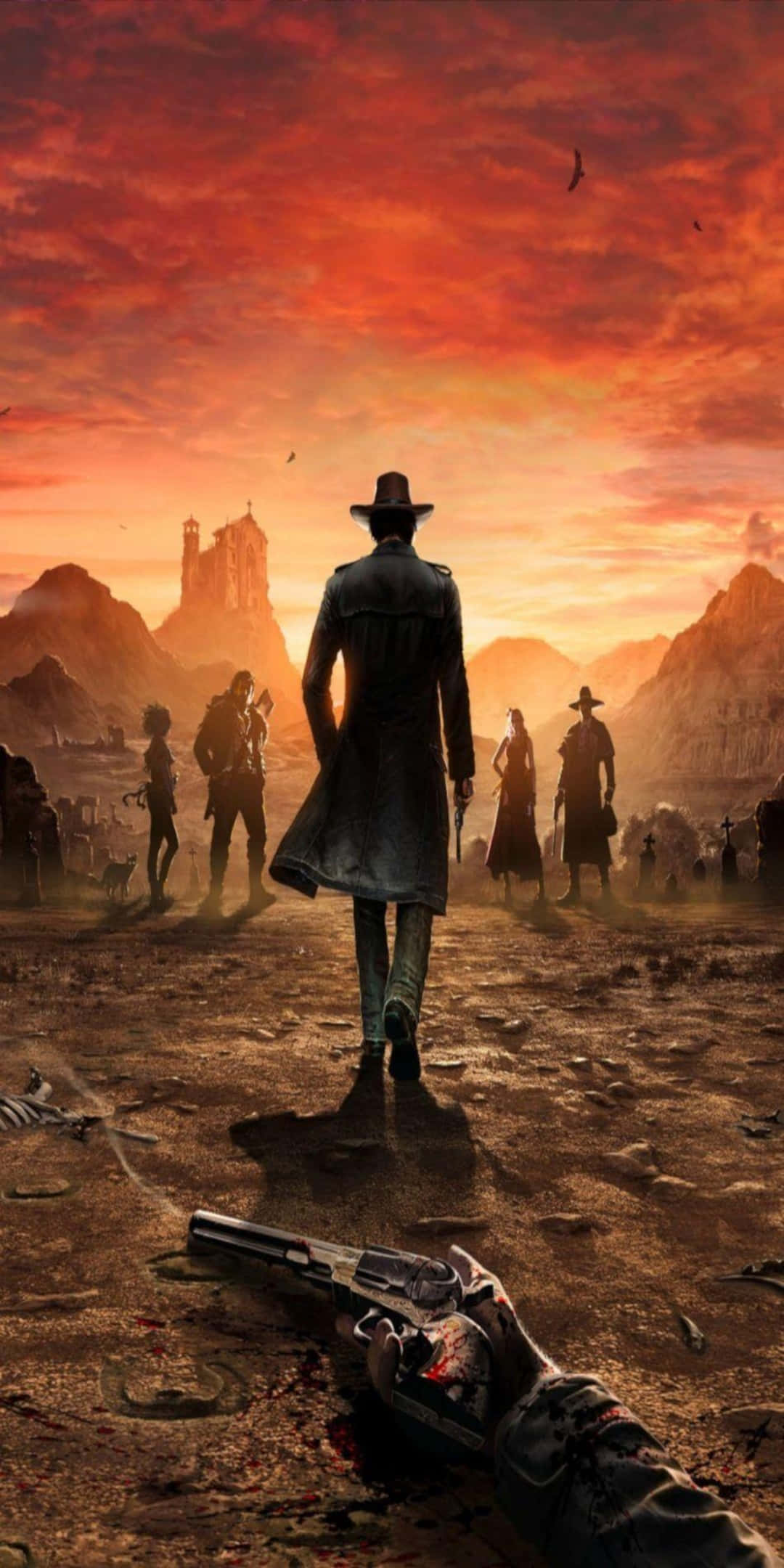 Red Dead Redemtion 2 桌布 壁紙 — 一個孤獨的牛仔穿著長大衣，在荒涼的峽谷中，在火紅的夕陽下走向一群人影。