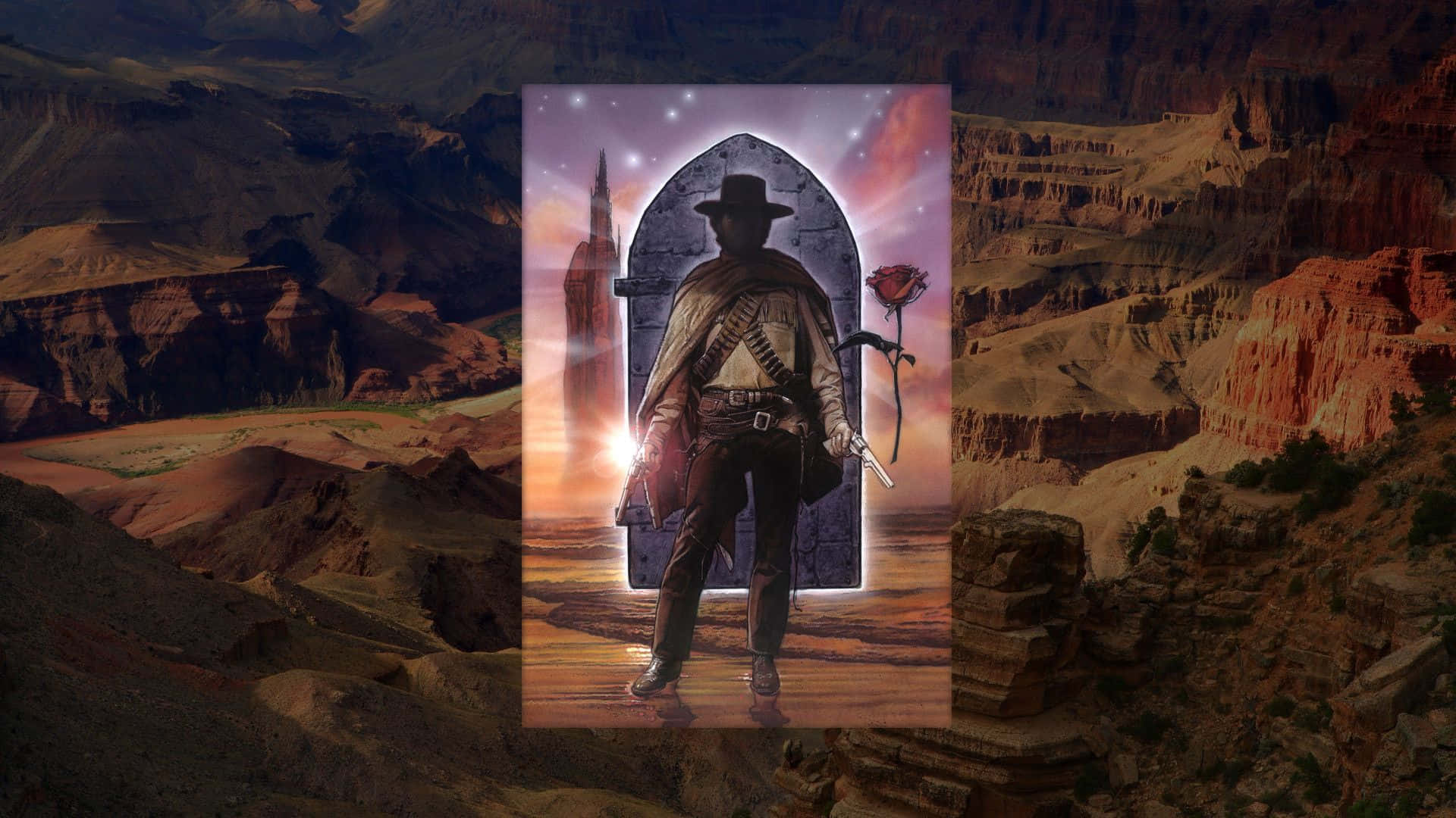 Dark Tower 桌布 壁紙 — 一個孤獨的牛仔站在沙漠峽谷中一個發光的拱形傳送門前，在星光燦爛的暮色天空下拿著一朵玫瑰和一把手槍。