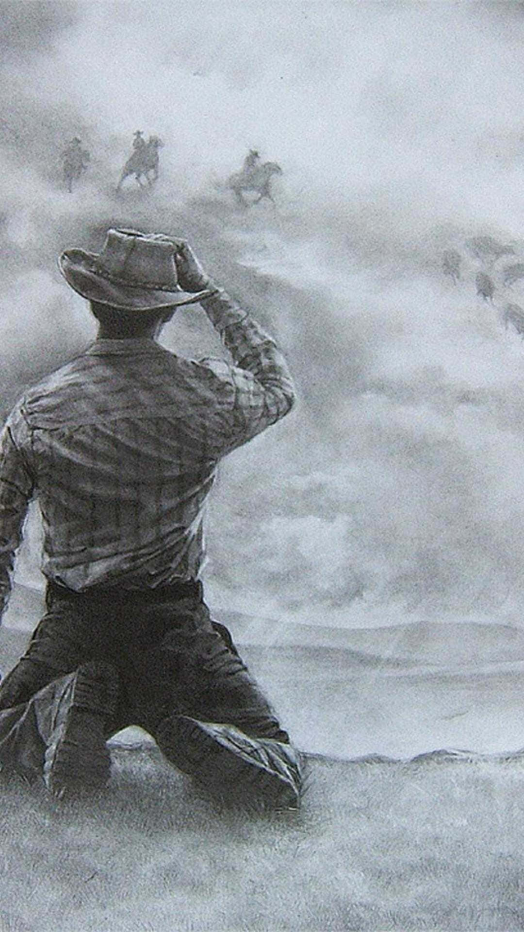 桌布 壁紙 — 一個孤獨的牛仔跪在風暴肆虐的田野上，手裡拿著帽子，看著騎手們在旋轉的薄霧中奔馳而過。