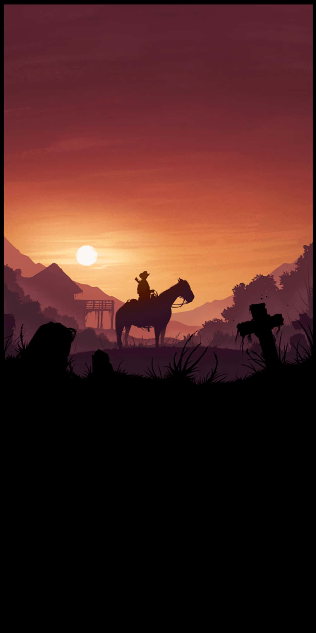 Red Dead Redemtion 2 桌布 壁紙 — 一個孤獨的牛仔騎在馬上，在墓地之上、遠山之前的熾熱日落中形成剪影。