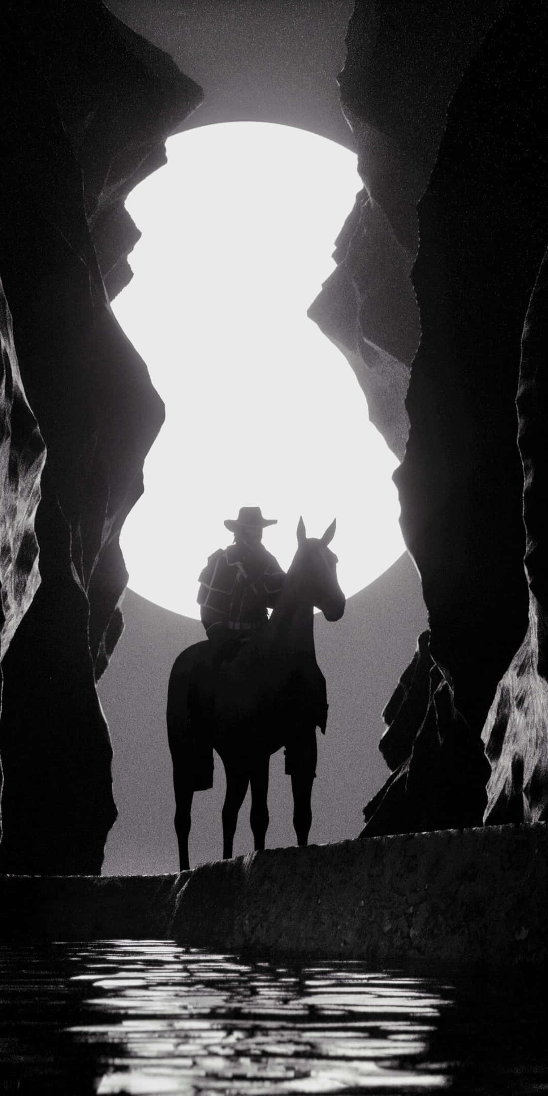 Red Dead Redemtion 2 桌布 壁紙 — 一個孤獨的牛仔騎在馬上，在岩石峽谷牆壁上一個發光的圓形開口前形成剪影，下方是漣漪的水面。