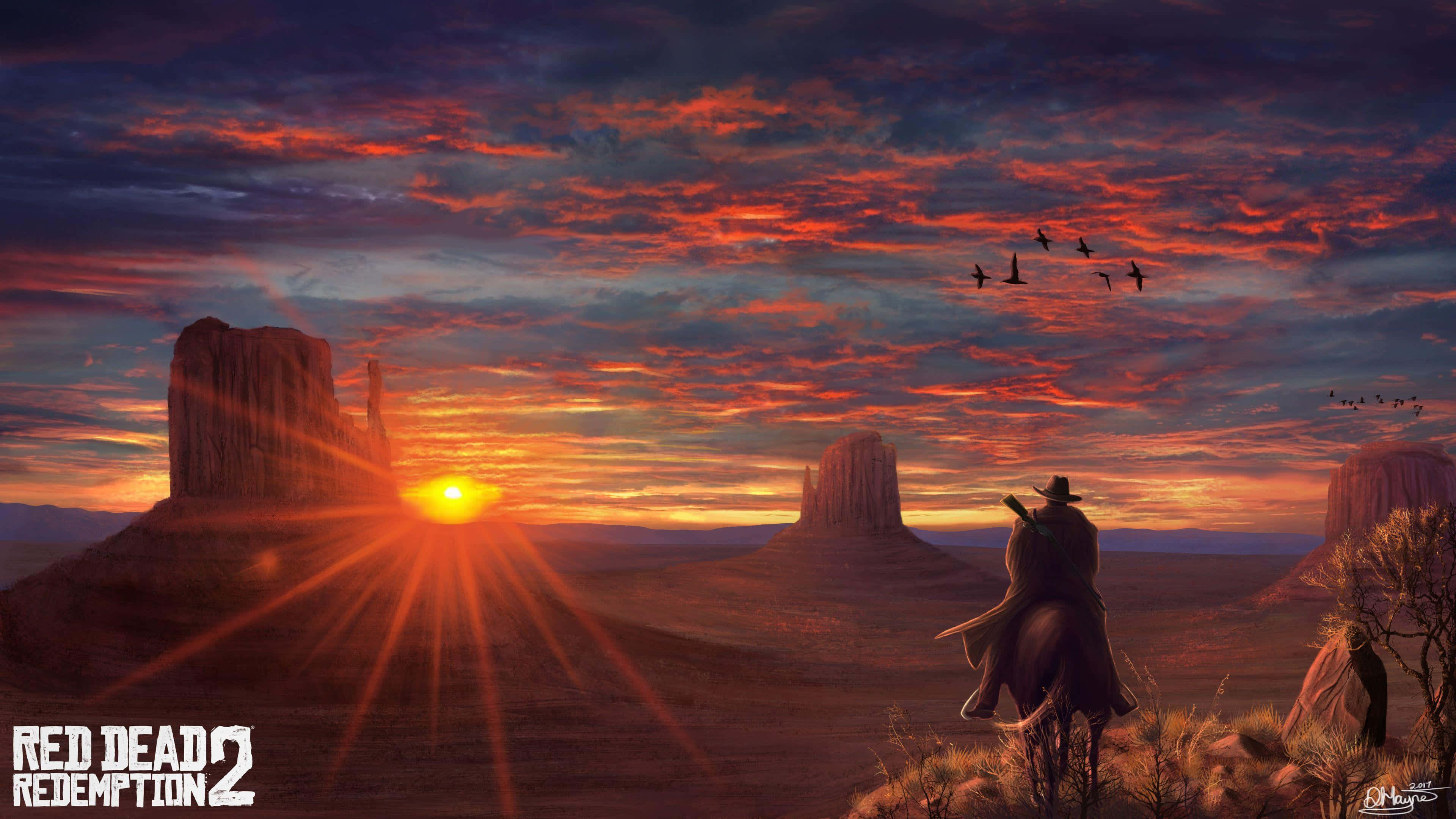 Cowboy 桌布 壁紙 — 一個孤獨的牛仔騎在馬背上，凝視著紀念碑谷標誌性山丘上熾熱的日落，鳥兒在頭頂飛翔。