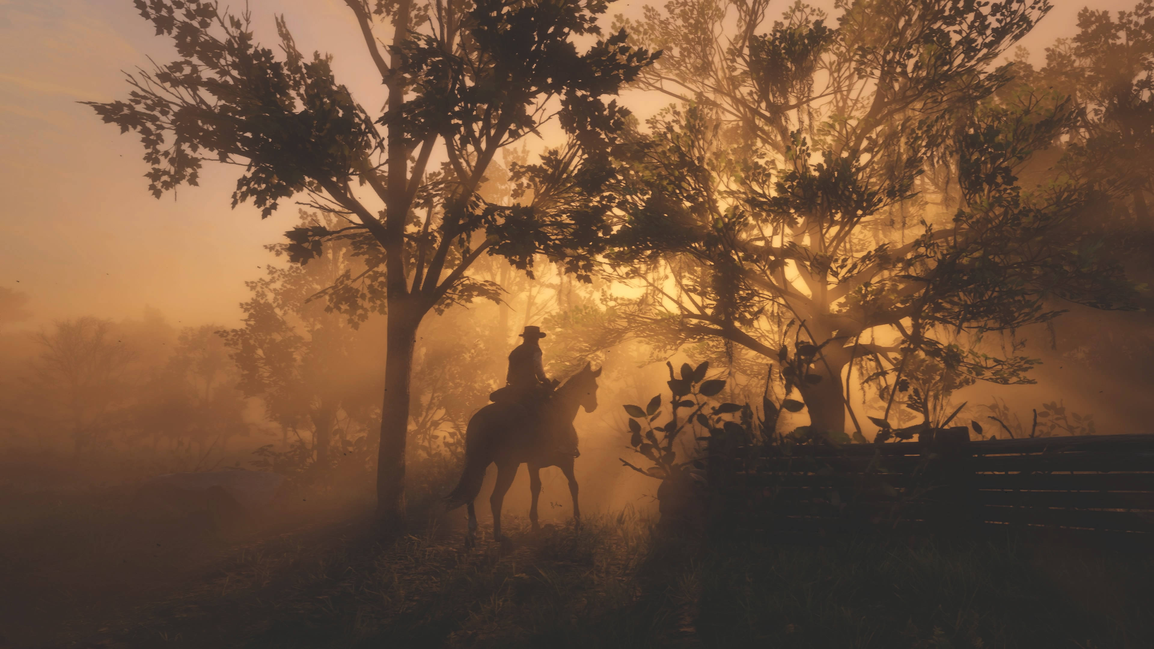 Red Dead Redemption 2 Desktop 桌布 壁紙 — 一個孤獨的牛仔騎在馬背上，在寧靜的森林中，以金色日出穿過霧氣樹木的剪影站立。