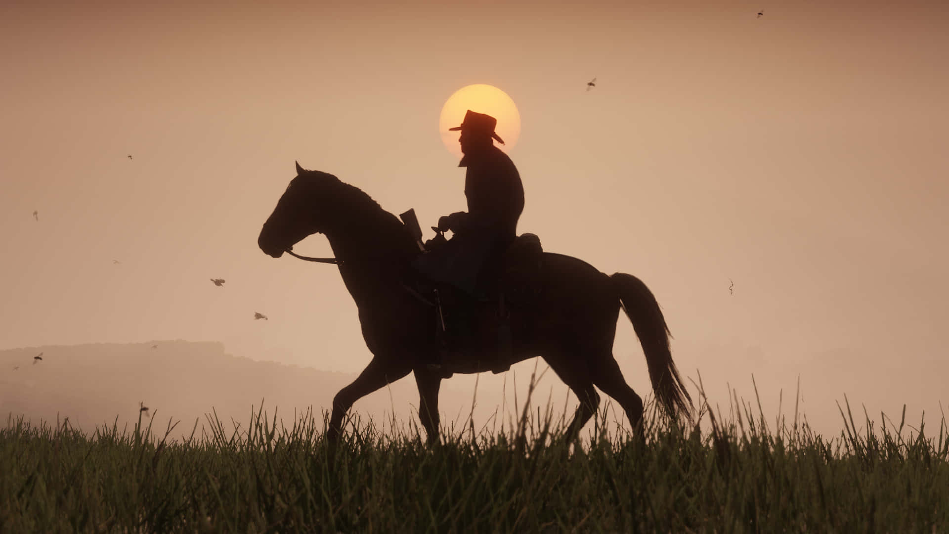 Red Dead Redemption 4K 桌布 壁紙 — 一個孤獨的牛仔騎在馬背上，在鳥兒飛翔的草地上，以燦爛的日落為背景形成剪影。