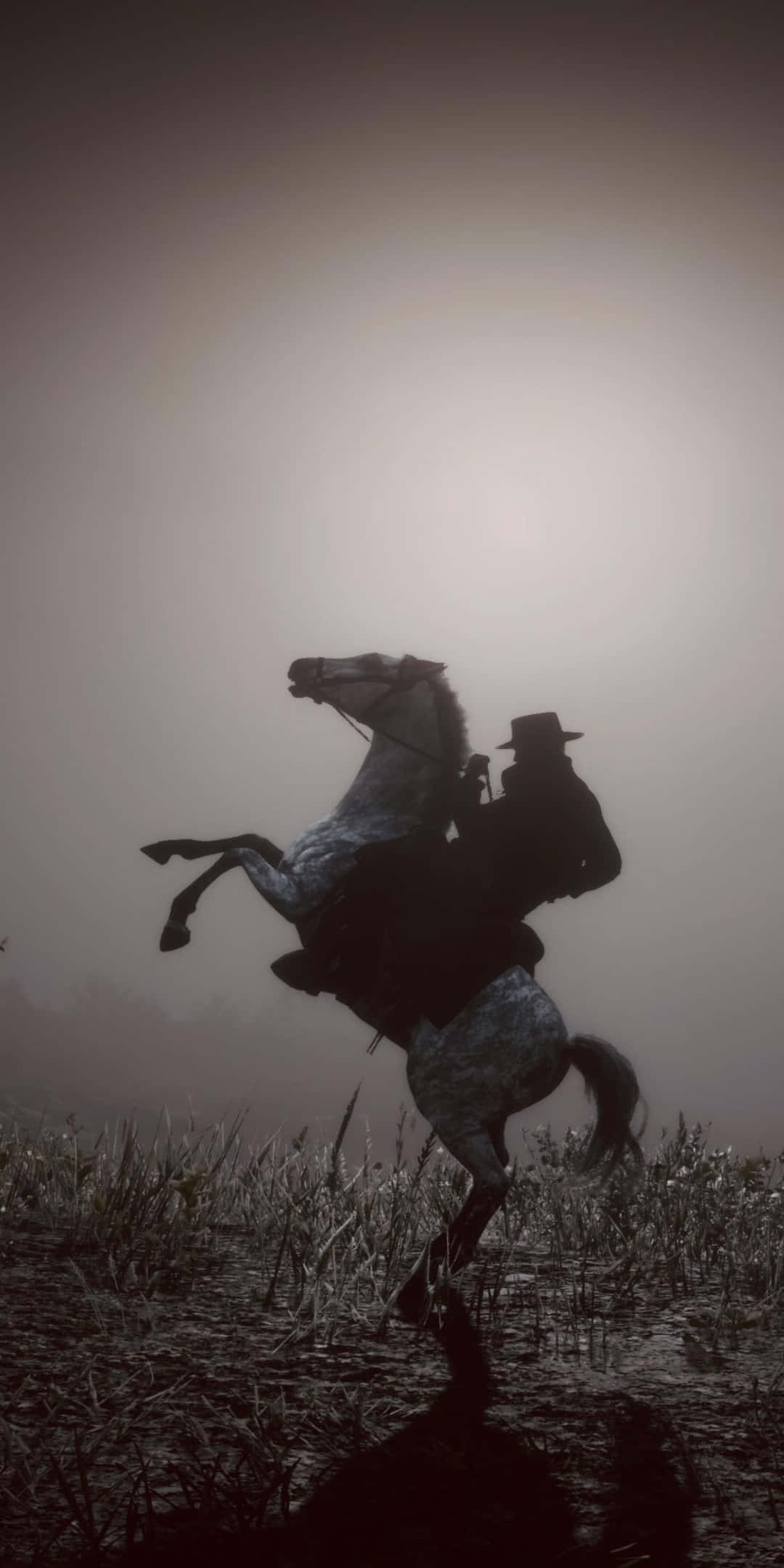 Red Dead Redemtion 2 桌布 壁紙 — 一個孤獨的牛仔騎著一匹後腿站立的馬，穿過霧氣瀰漫的草原，在朦朧的太陽下。