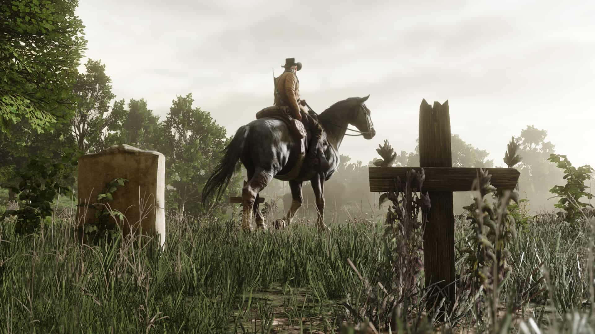 Red Dead Redemption 2 Pc 桌布 壁紙 — 一個孤獨的牛仔騎著一匹黑馬，在霧氣瀰漫、雜草叢生的墓園裡，停在風化的墓碑旁。