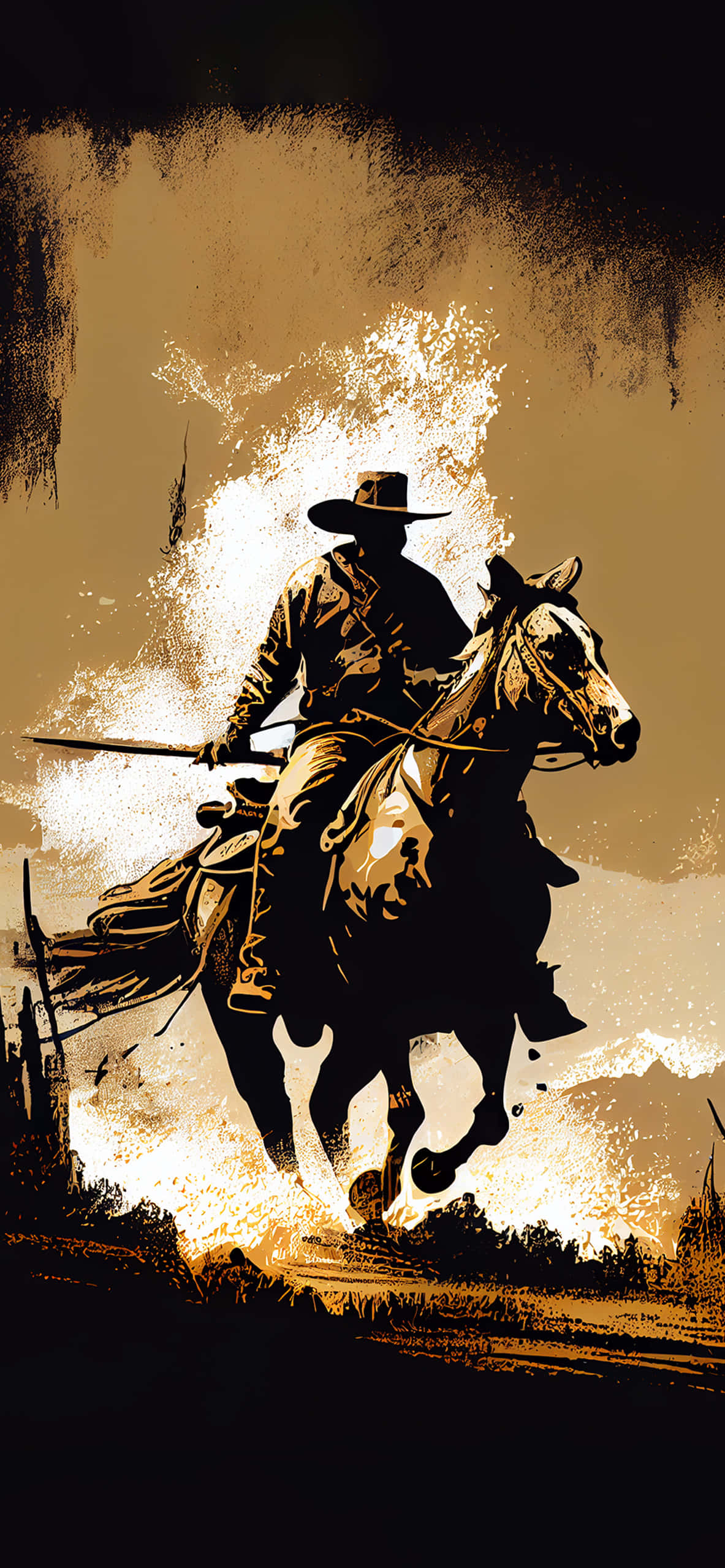 Cowboy 桌布 壁紙 — 一個孤獨的牛仔騎著奔騰的馬，穿過塵土飛揚的風景，在戲劇性的金色天空下。