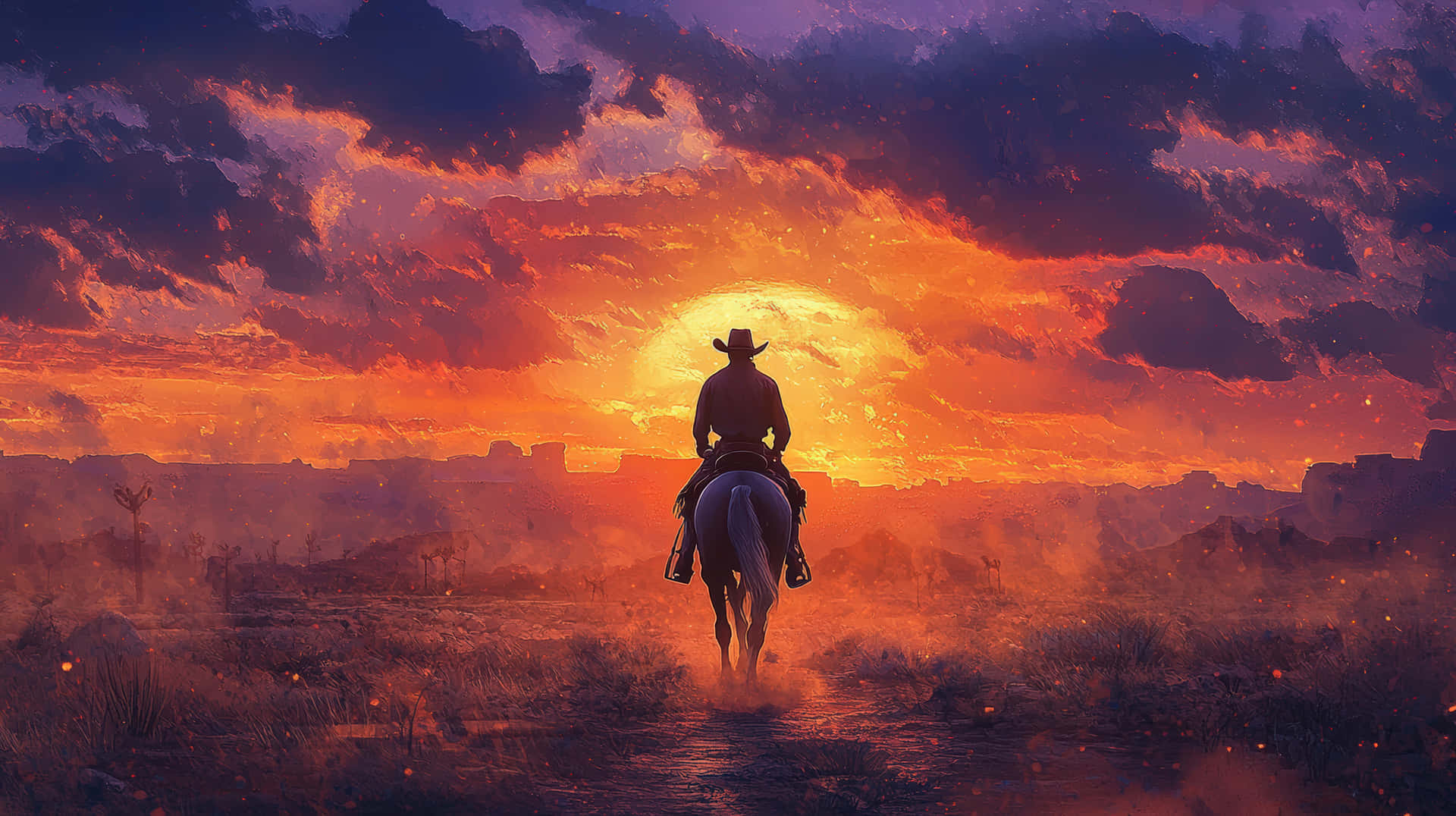 Lone cowboy riding into the sunset across the vast desert landscape 壁紙 — 一個孤獨的牛仔騎著馬，朝著荒涼沙漠景觀上熾熱的日落奔去。