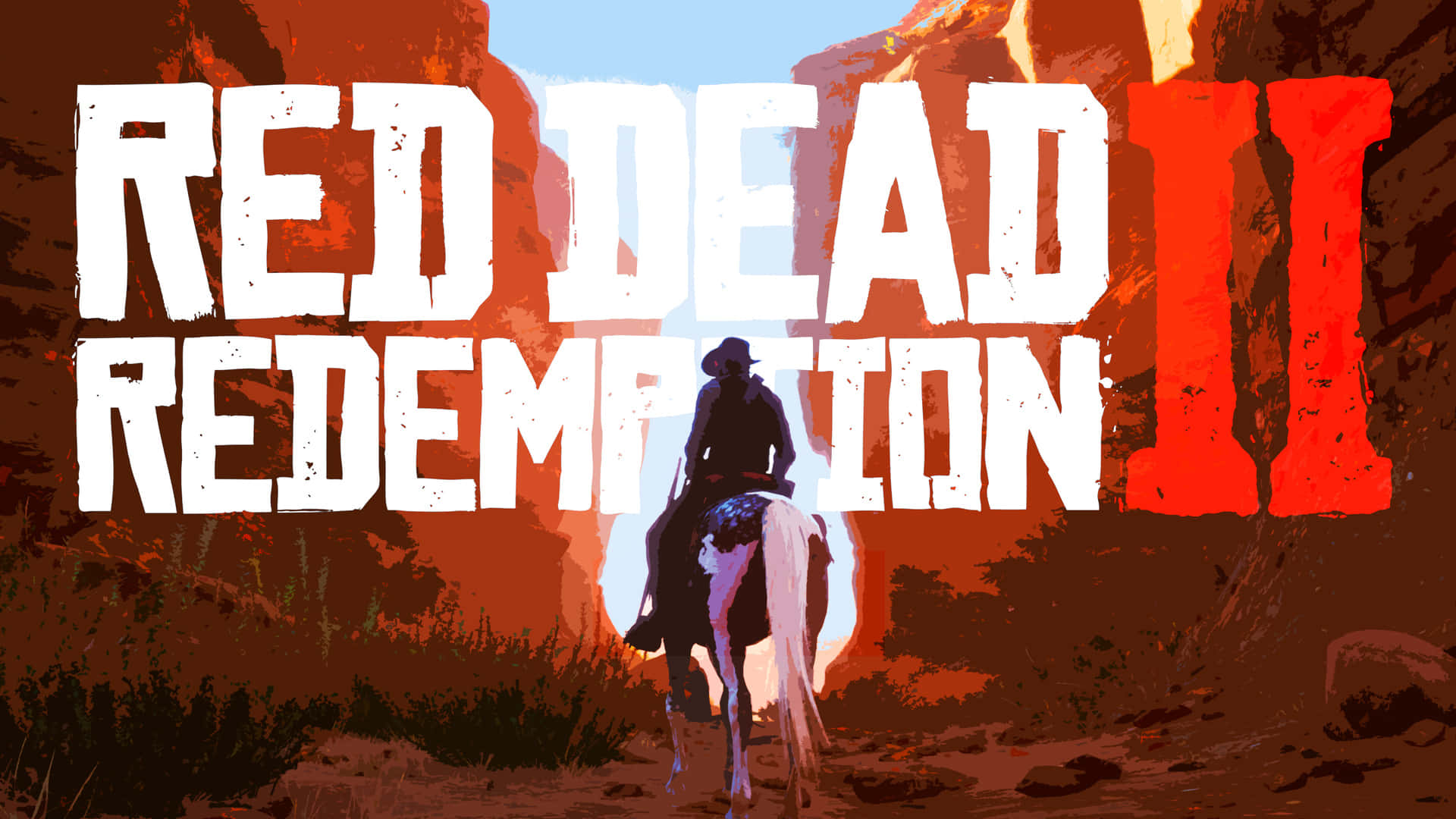 夕陽下峽谷中騎馬的牛仔，附有遊戲標題 Red Dead Redemption II。 — 碧血狂殺2 GIF 壁紙