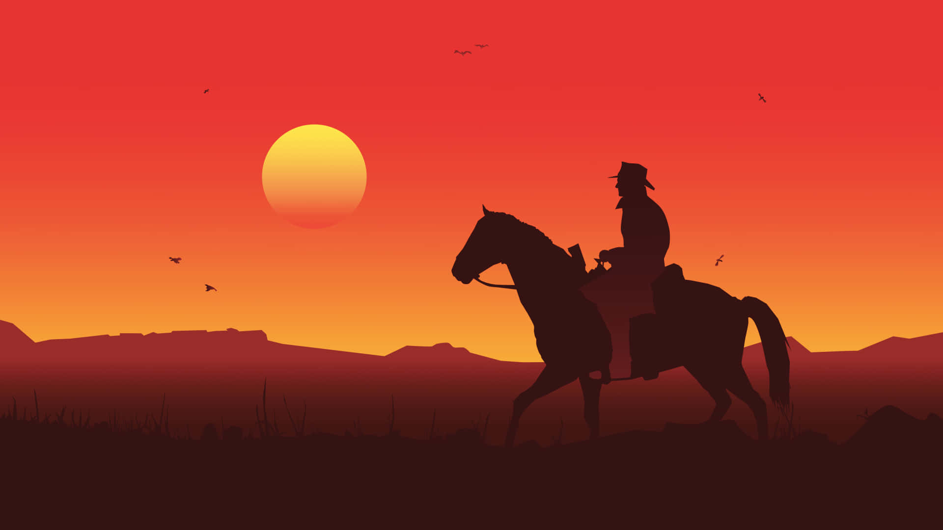 沙漠景觀中夕陽下騎馬的牛仔剪影。 — 碧血狂殺2 GIF 壁紙