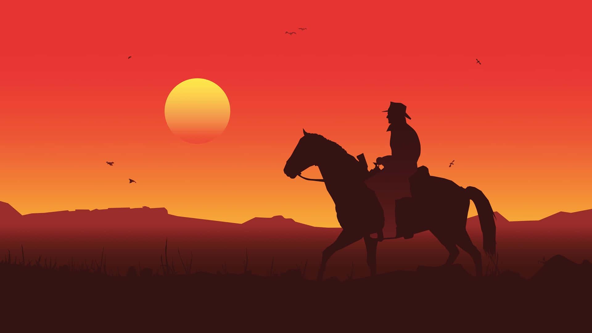 牛仔騎馬的剪影，映襯著充滿活力的橙色夕陽天空。 — 碧血狂殺2 GIF 壁紙