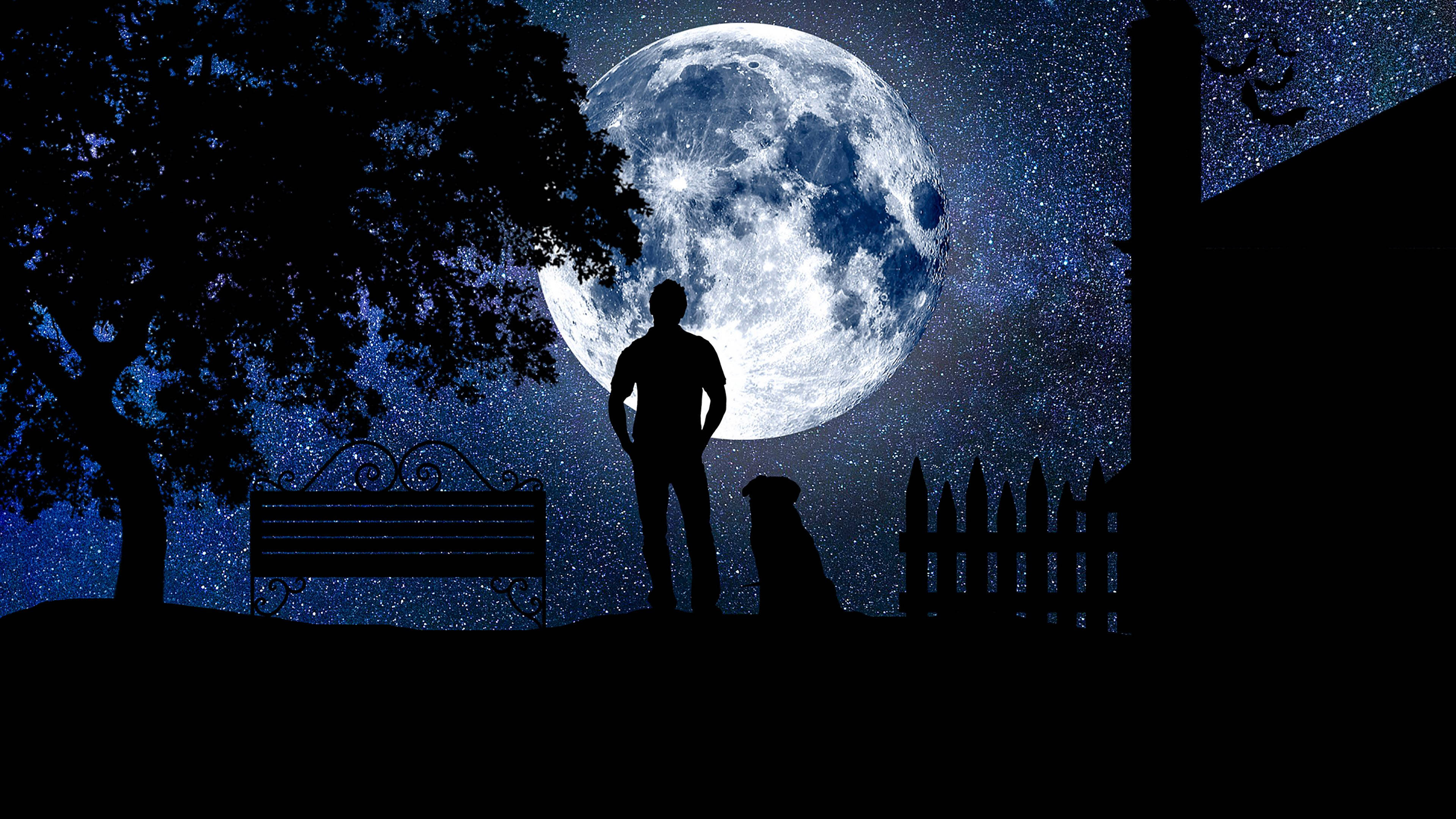 月亮與星星 桌布 壁紙 — 一個孤獨的男人和他的狗在繁星點點的夜空下，站在巨大的發光月亮前形成剪影。