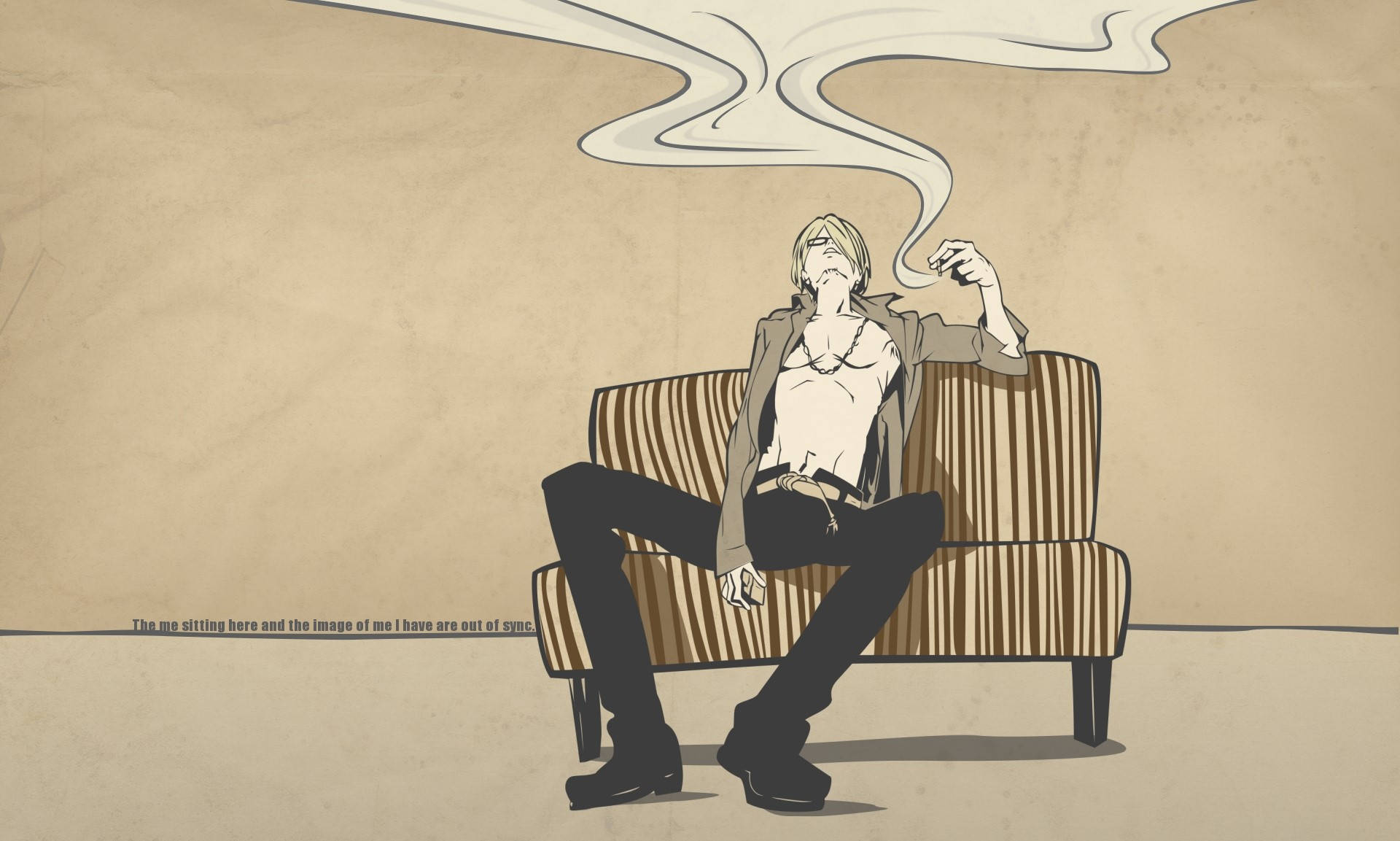 香吉士 桌布 壁紙 — 一個孤獨的男人坐在條紋椅子上抽煙，背景是帶有紋理的米色背景，煙霧繚繞。