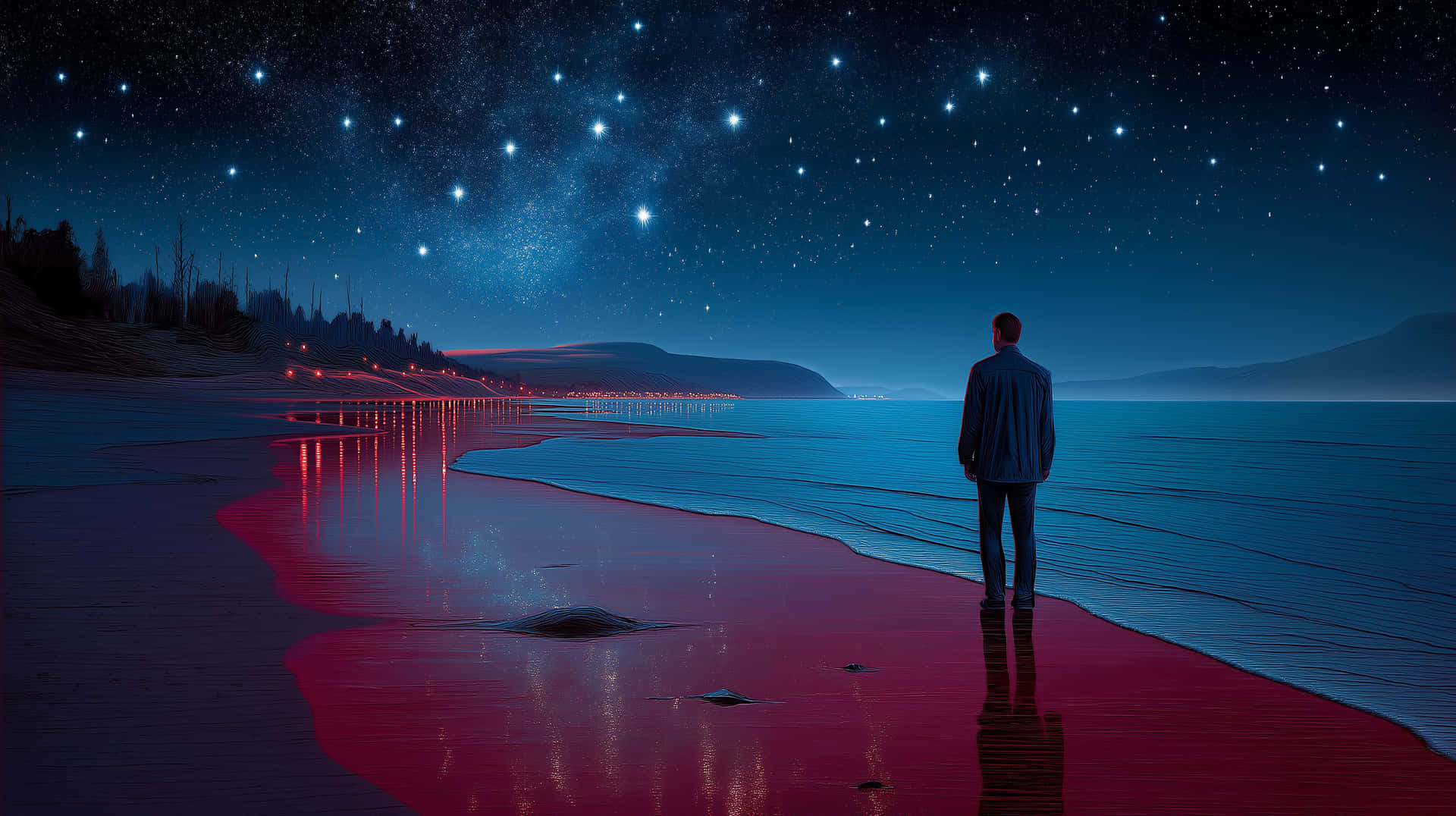 Man on Starry Beach Under Midnight Glow Landscape 壁紙 — 一個孤獨的男人夜晚站在濕漉漉的海灘上，凝視著倒映在發光紅色海水中的星空，遠處有城市燈光。