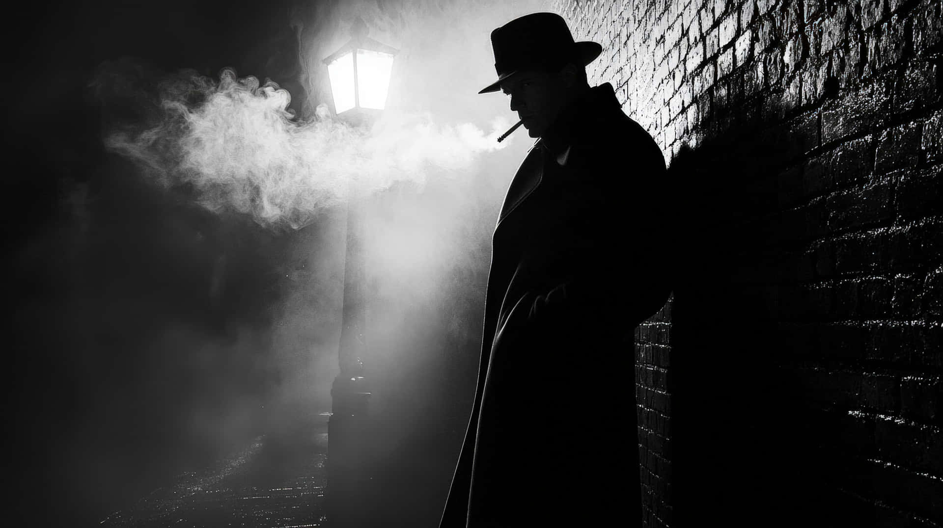 Mysterious Noir Detective Smoking in Foggy Alley 壁紙 — 一個孤獨的男人戴著軟呢帽和 trench coat，在霧氣瀰漫的黑色電影場景中，靠著磚牆，在發光路燈下抽煙。