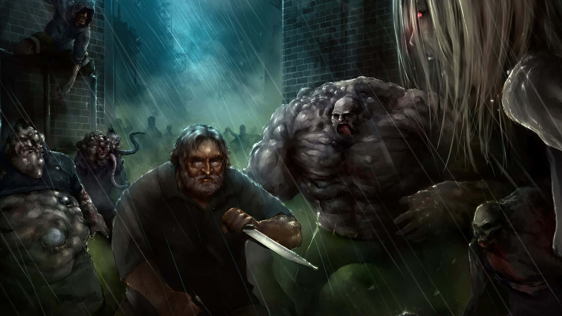Left 4 Dead Characters 桌布 壁紙 — 一個孤獨的男人拿著刀，在濕透的巷子裡挑釁地站著，周圍是怪誕的怪物形象，天空陰暗不祥。