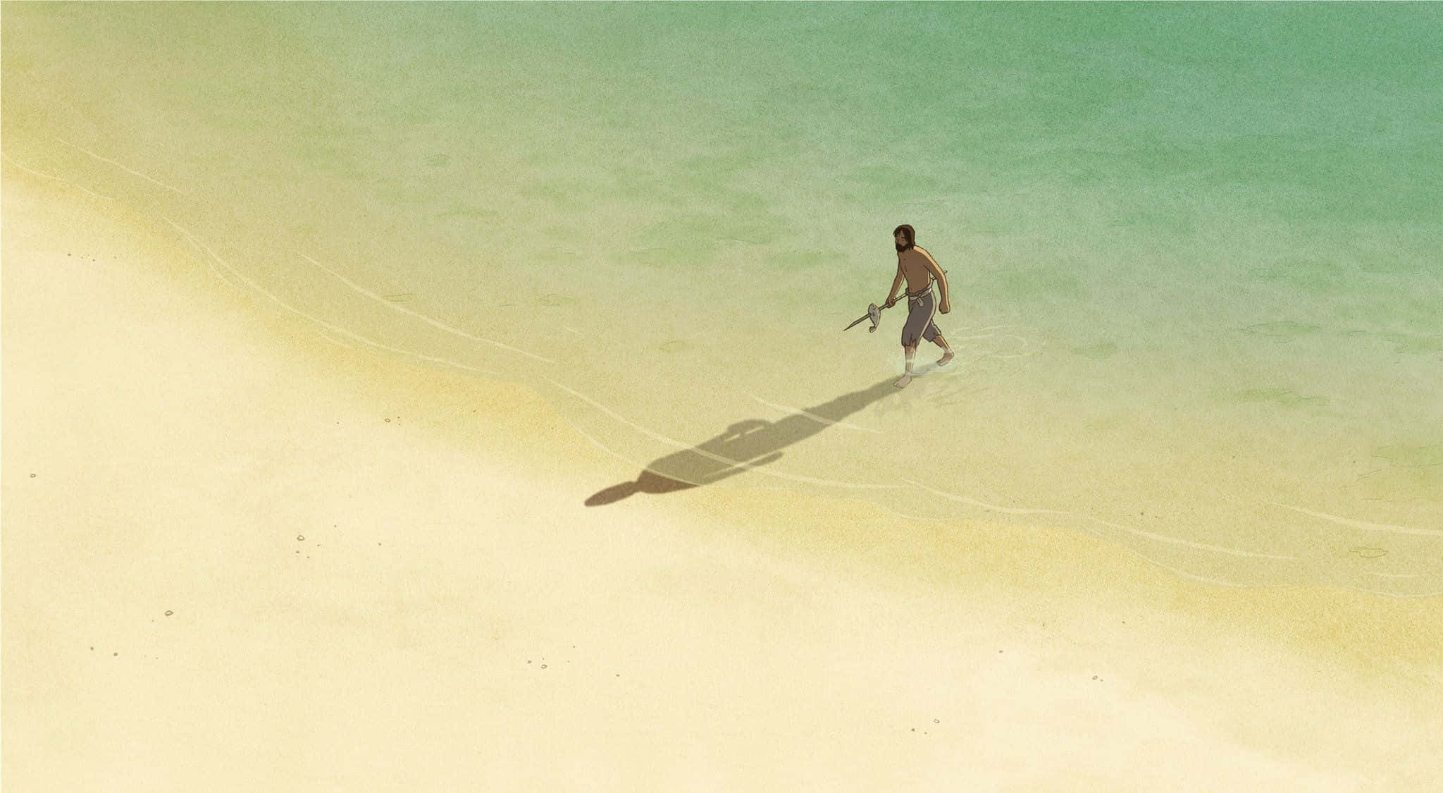 The Red Turtle 桌布 壁紙 — 一個孤獨的男人沿著陽光明媚的海灘行走，手持釣魚竿，長長的影子在沙灘上延伸。