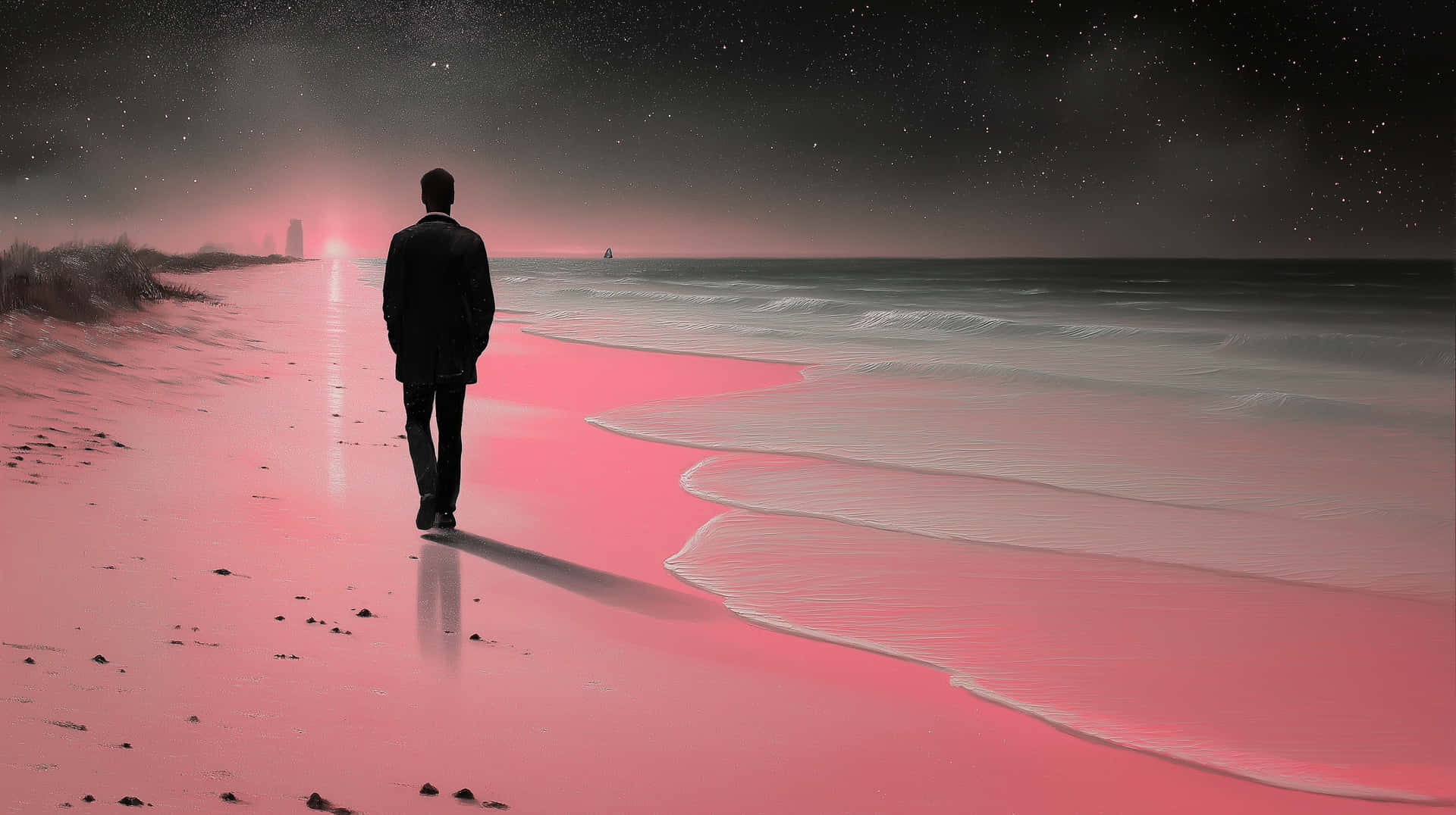 Man on Luminous Beach Under Starry Night Sky Serenity 壁紙 — 一個孤獨的男人穿著深色西裝，在星空夜空下沿著超現實的粉紅色海灘行走，遠處有發光的燈光。