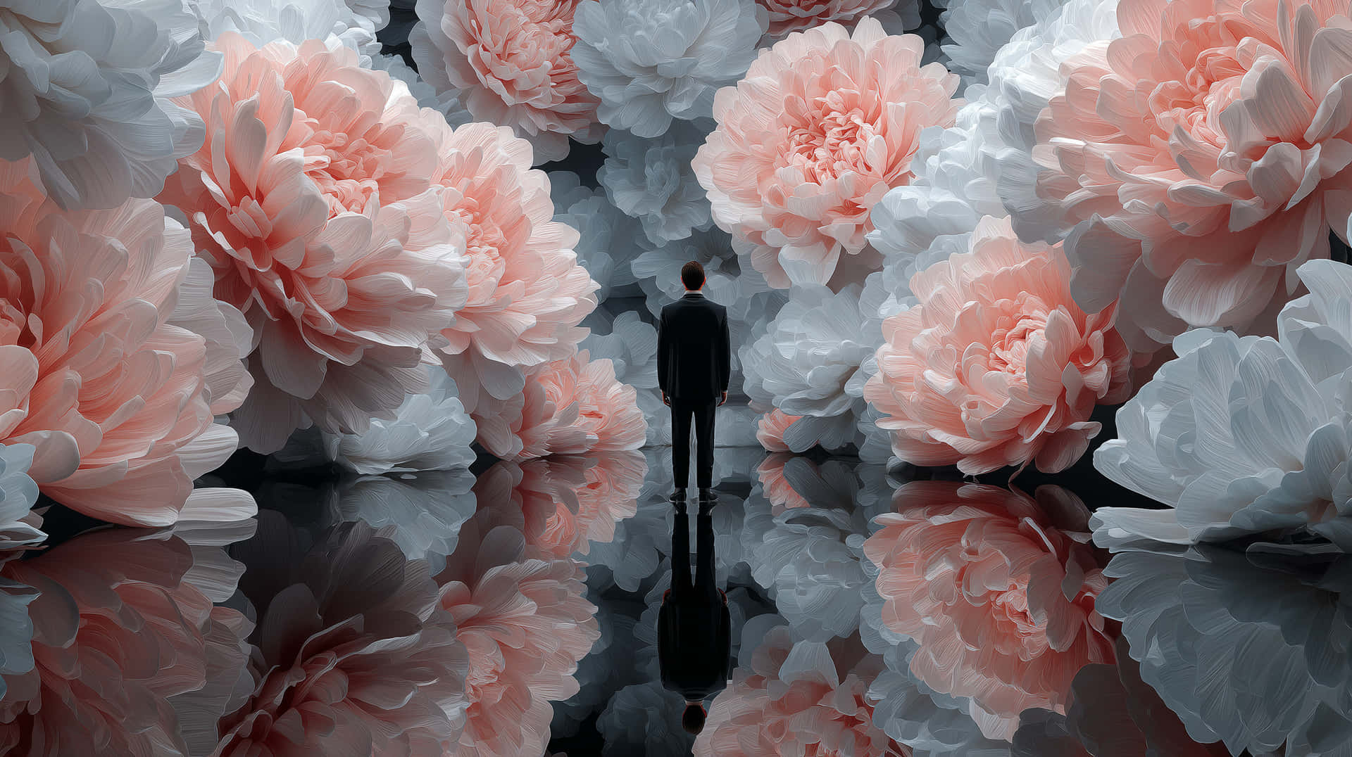 Surreal Meditation Amidst Giant Peonies: A Human Perspective 壁紙 — 一個孤獨的男人穿著深色西裝，站在巨大粉紅色和白色牡丹花叢中，花朵倒映在光滑的黑色表面上。