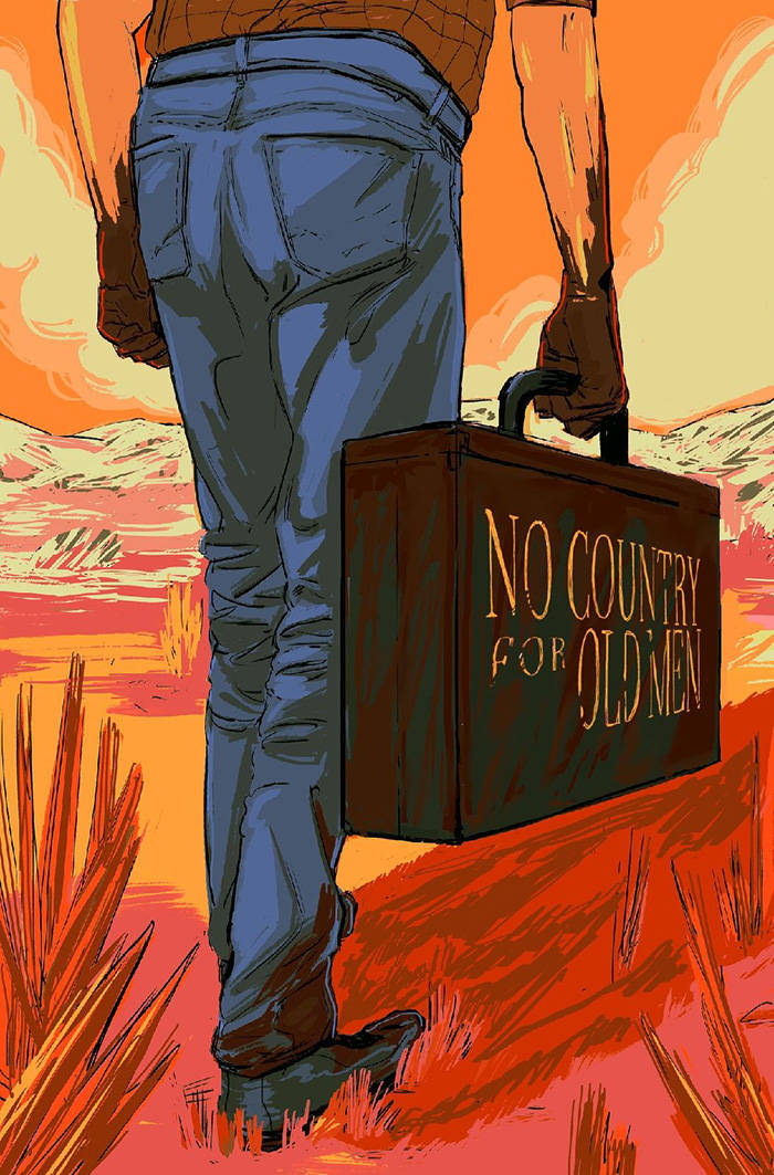 Paint Art 桌布 壁紙 — 一個孤獨的男人穿著藍色牛仔褲，手提一個標有「NO COUNTRY FOR OLD MEN」的行李箱，穿過一片火熱的橙色沙漠景觀。