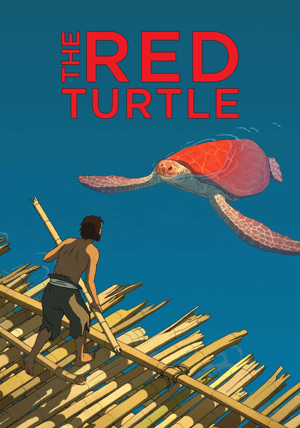 The Red Turtle 桌布 壁紙 — 一個孤獨的男人站在竹筏上，仰望一隻在廣闊藍色海洋中游泳的巨大紅色海龜。