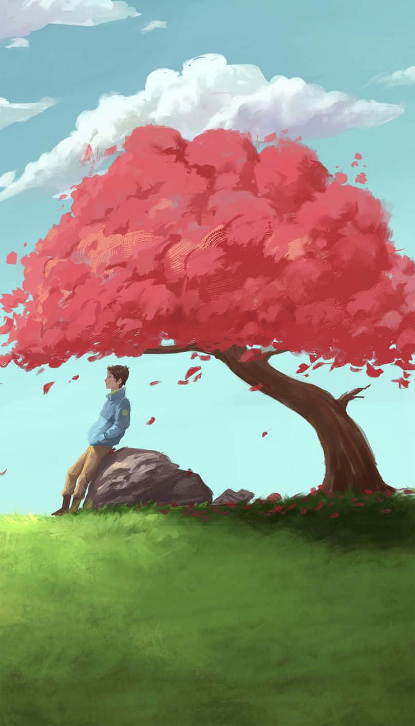 Tree Phone 桌布 壁紙 — 一個孤獨的男孩坐在一棵鮮紅色的樹下，花瓣在寧靜的田園場景中飄落。