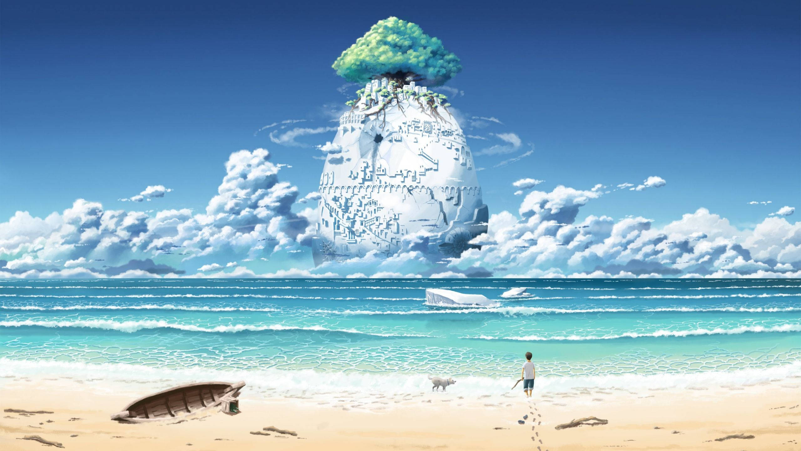 World 桌布 壁紙 — 一個孤獨的男孩沿著陽光明媚的海灘走向一個巨大的浮島，島上有一棵充滿活力的綠樹，在明亮的藍天下。