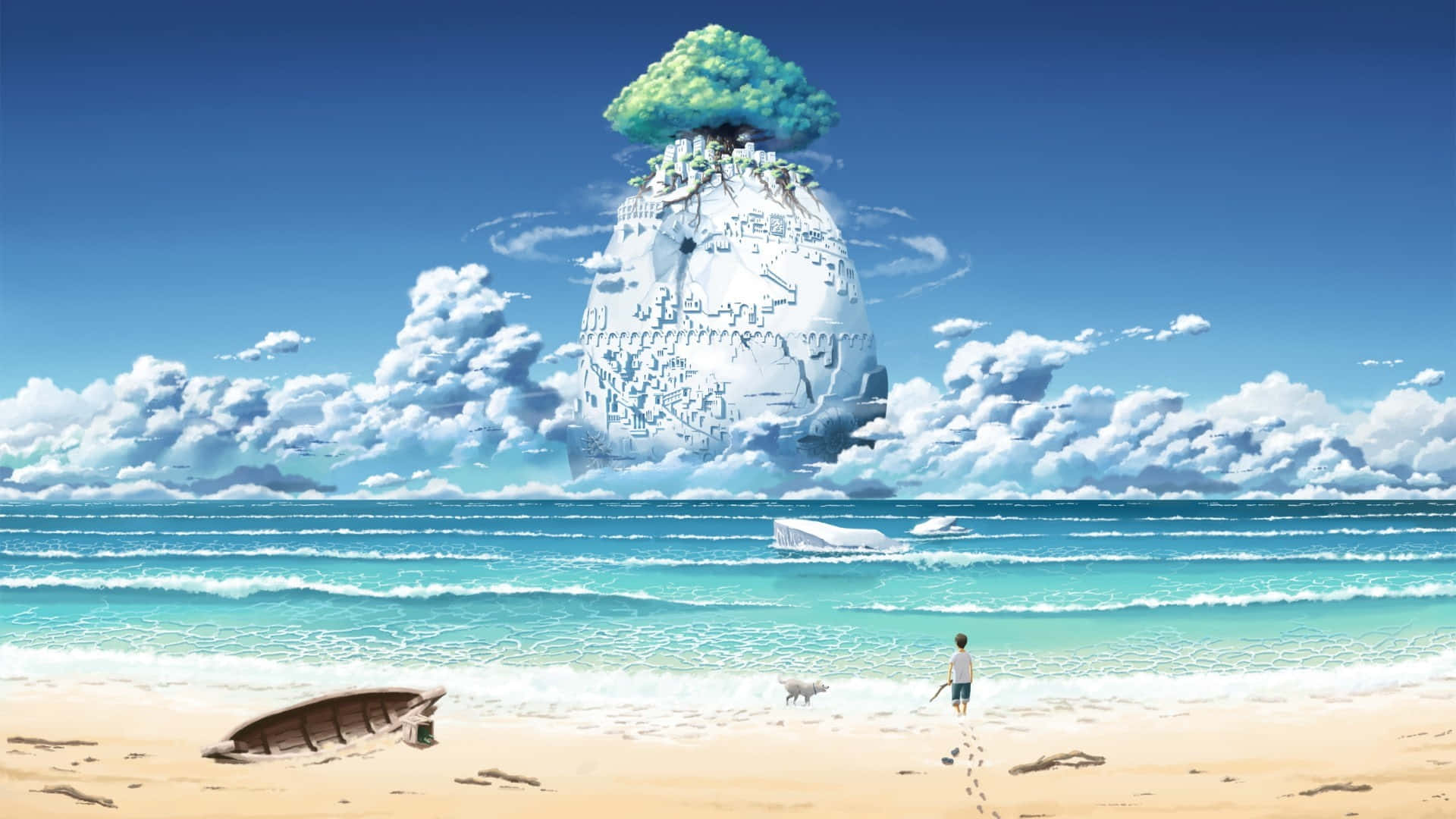 Castle In The Sky 桌布 壁紙 — 一個孤獨的男孩沿著陽光明媚的海灘走向一個巨大的浮島，島上有一棵茂盛的綠樹，在明亮的藍天下。