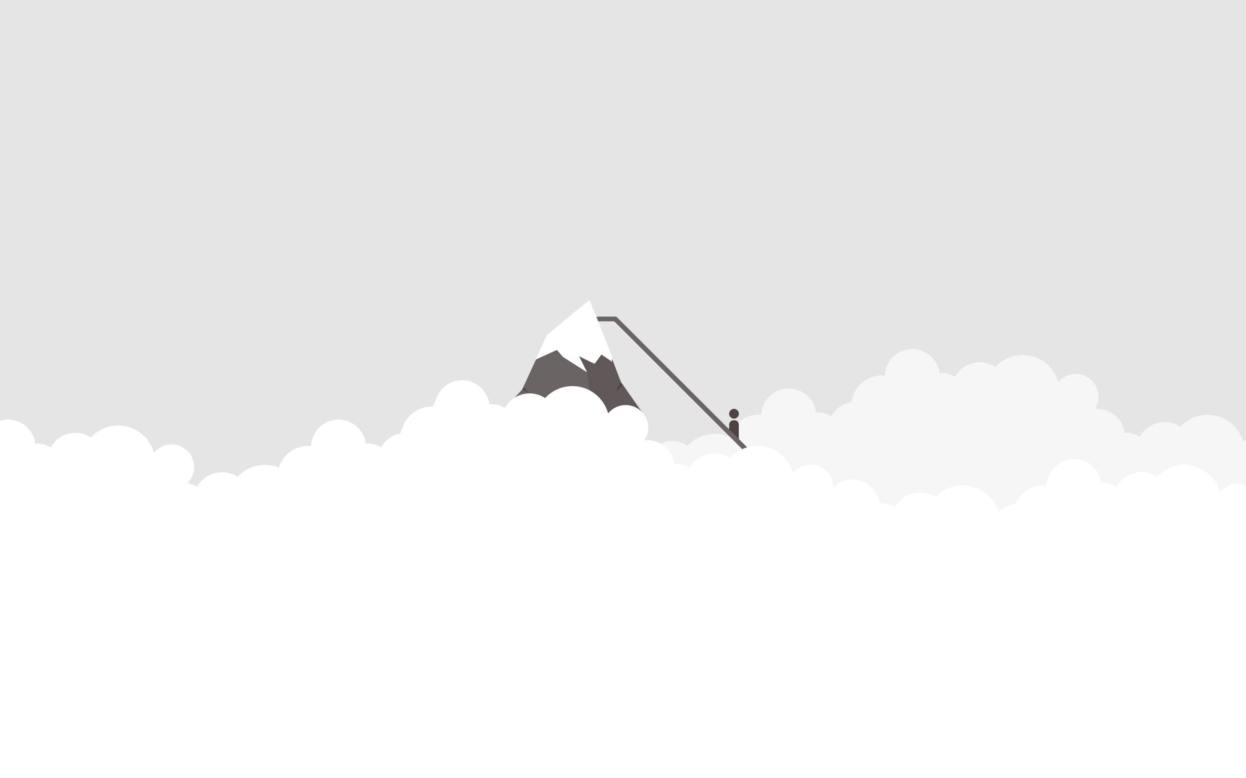 雲朵 桌布 壁紙 — 一個孤獨的登山者穿過柔軟的雲層攀登積雪山峰的極簡輪廓。