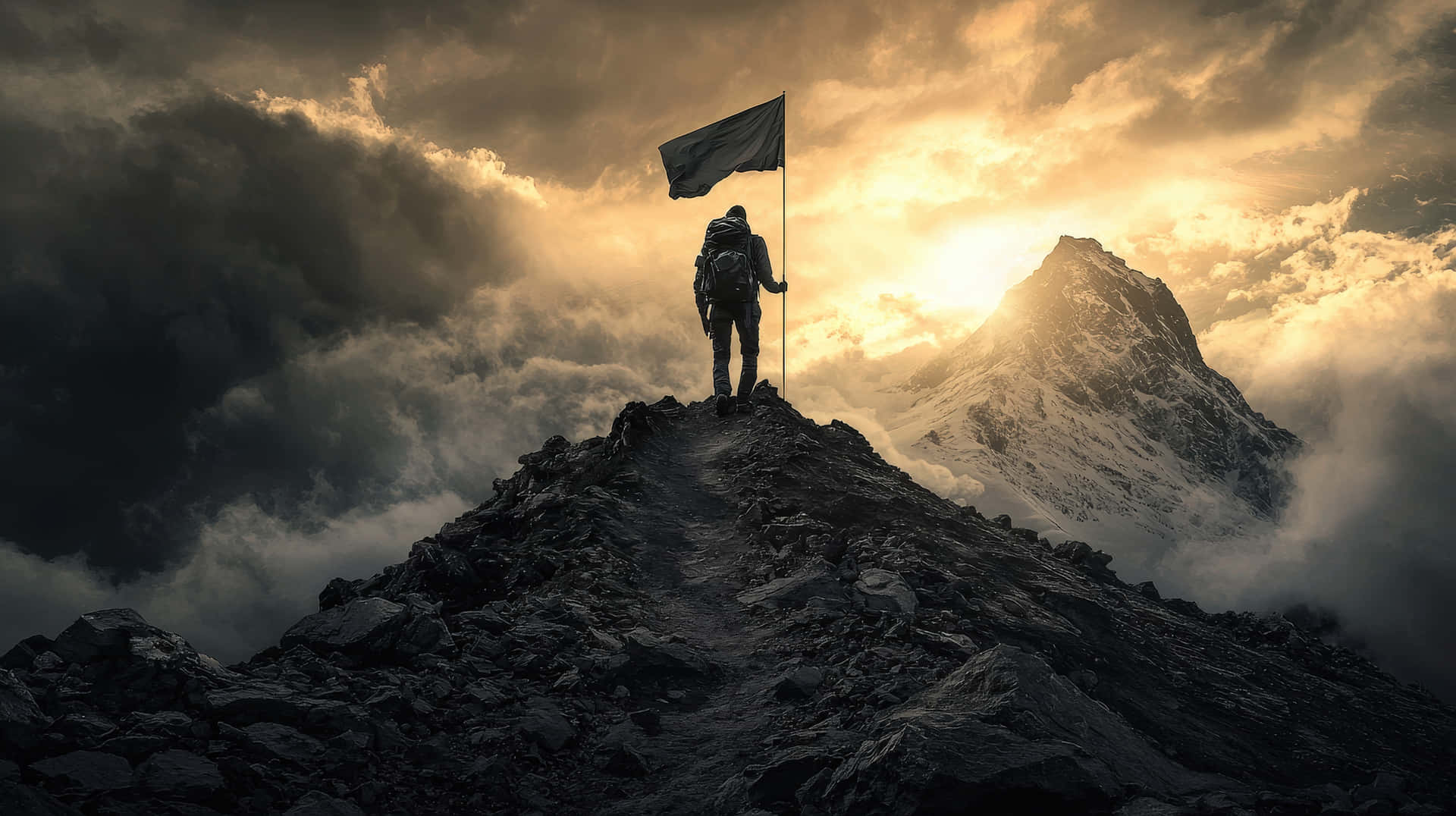 Adventurer standing on mountain peak holding flag at sunrise 壁紙 — 一個孤獨的登山者站在岩石山頂上，在日出時舉著旗幟，背景是戲劇性的天空，有雲和遠處的雪山。
