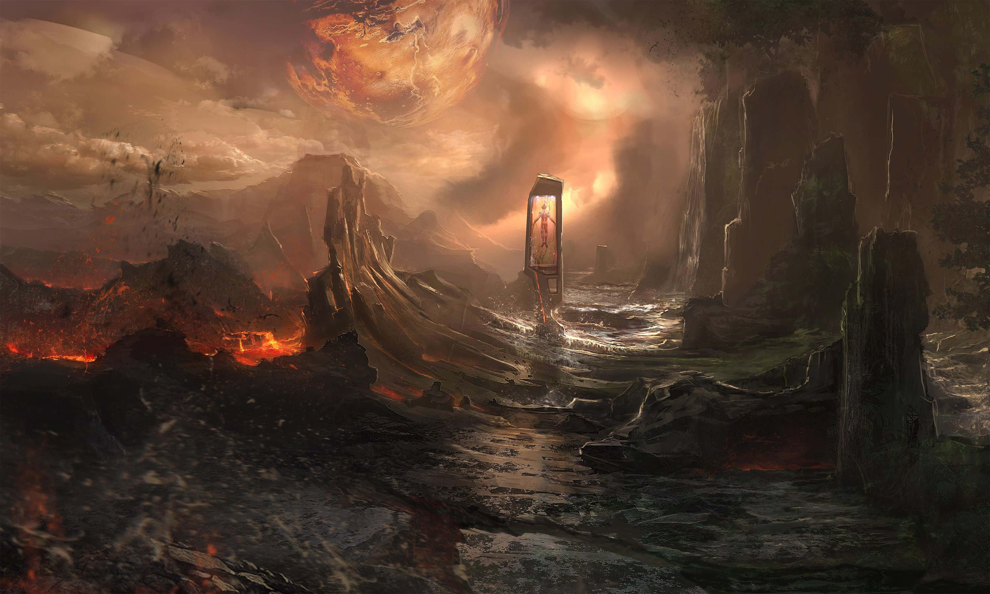 Dark Digital Art 桌布 壁紙 — 一個孤獨的發光傳送門矗立在荒涼的火山景觀中，上方是火紅的橙色天空，一顆巨大的行星隱約出現。
