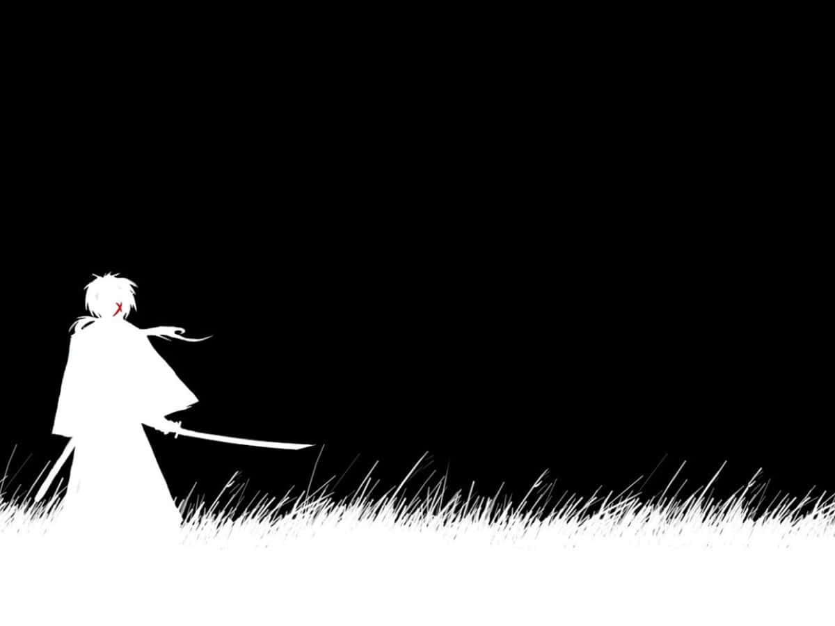 Black And White Anime 桌布 壁紙 — 一個孤獨的白色剪影，描繪一位揮舞劍的戰士，站在高高的草叢中，背景是鮮明的黑色。