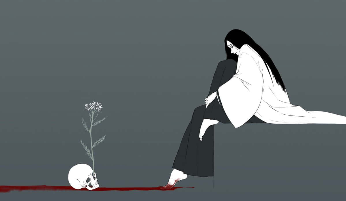 Retsu Unohana 桌布 壁紙 — 一個孤獨的白衣人物坐在一個頭骨旁邊，頭骨上長出一朵萌芽的花，站在灰色背景前的紅色水坑中。