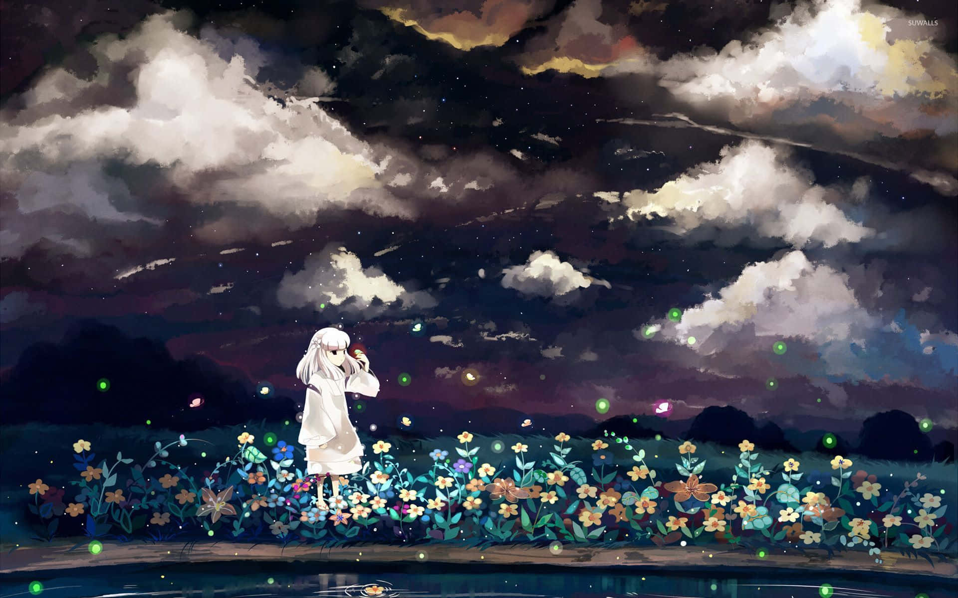 Inuyasha Kanna 桌布 壁紙 — 一個孤獨的白衣動漫女孩站在發光的花朵中，背景是繁星點點的暮色天空和戲劇性的雲彩。