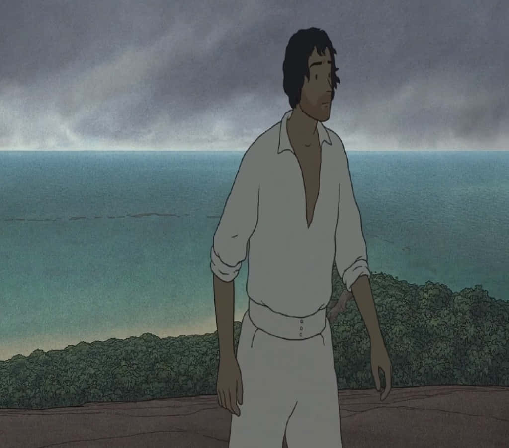 The Red Turtle 桌布 壁紙 — 一個孤獨的白衣男子站在懸崖上，俯瞰著暴風雨灰色天空下的廣闊海洋。