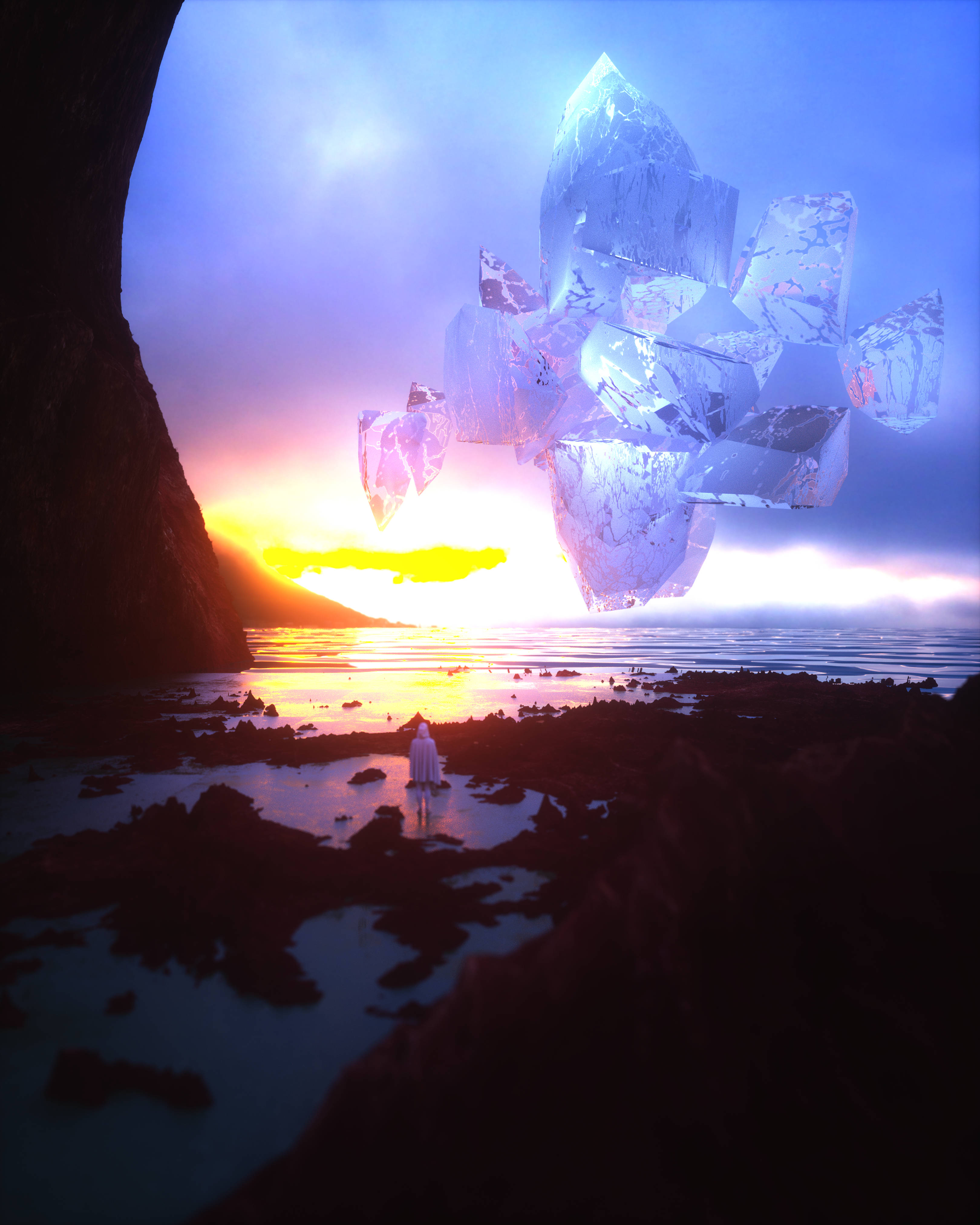 水晶 桌布 壁紙 — 一個孤獨的白衣身影站在岩石海岸上，凝視著漂浮在日落海洋上方的巨大發光水晶結構。
