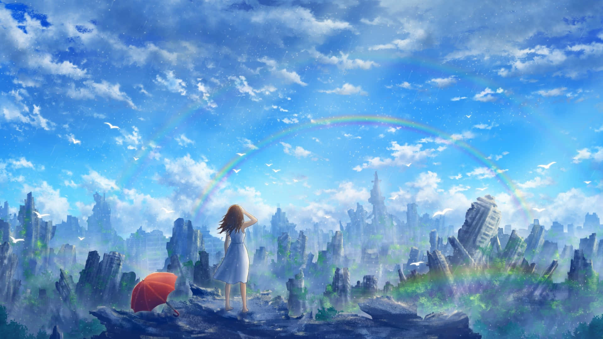 Beautiful Anime 桌布 壁紙 — 一個孤獨的白裙女孩站在懸崖上，俯瞰著廢墟般的未來城市，天空湛藍，彩虹和鳥兒飛翔。