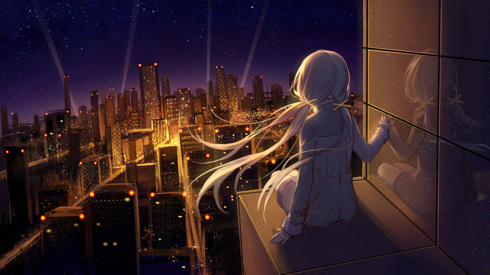 Anime Night City 桌布 壁紙 — 一個孤獨的白長髮動漫女孩凝視窗外，在星空下閃爍的城市景觀。